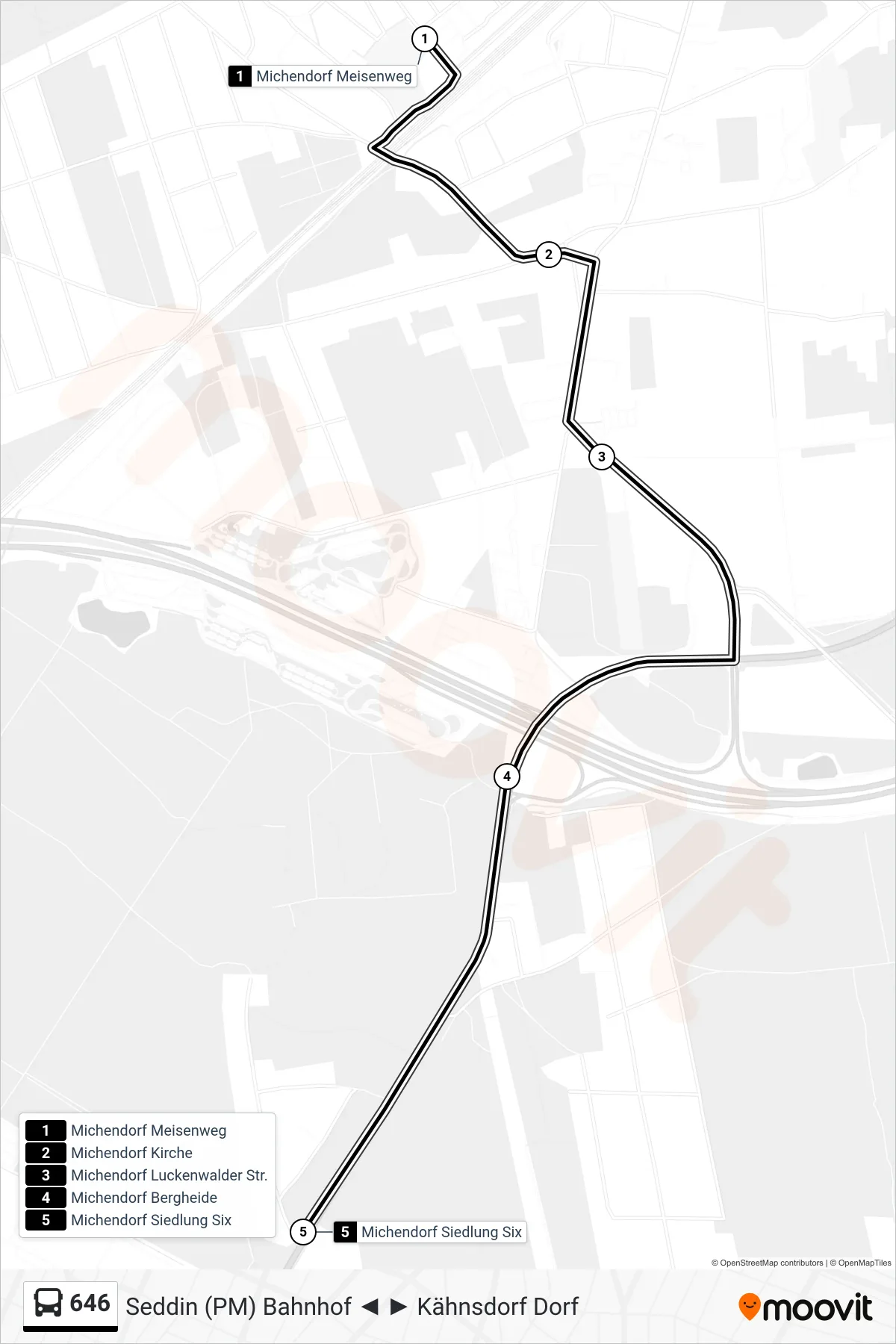 646 bus Line (Michendorf Siedlung Six) route and stops on a map
