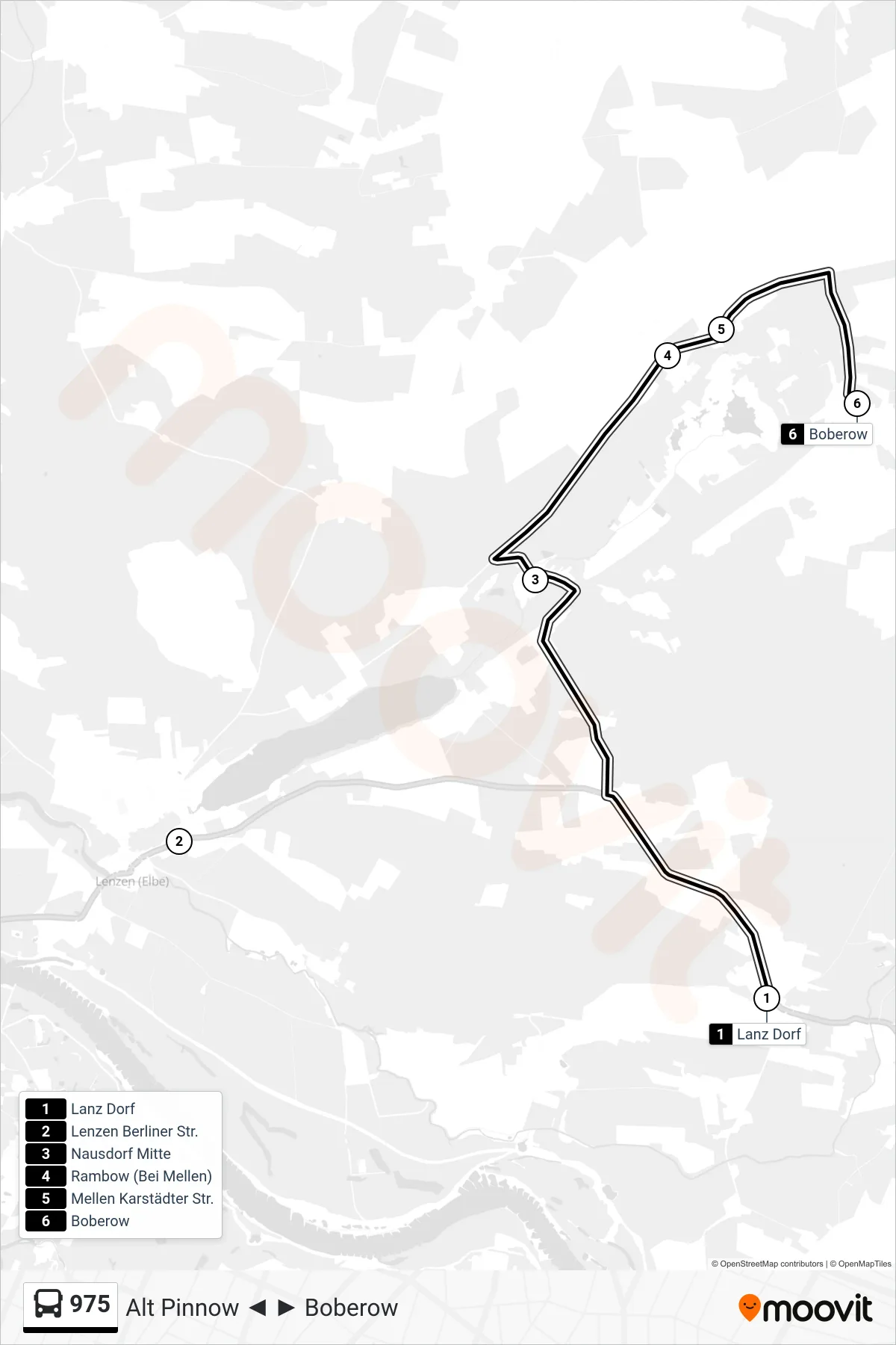 Linie 975 (Bus) Richtung Boberow: Route und Haltestellen auf der Karte
