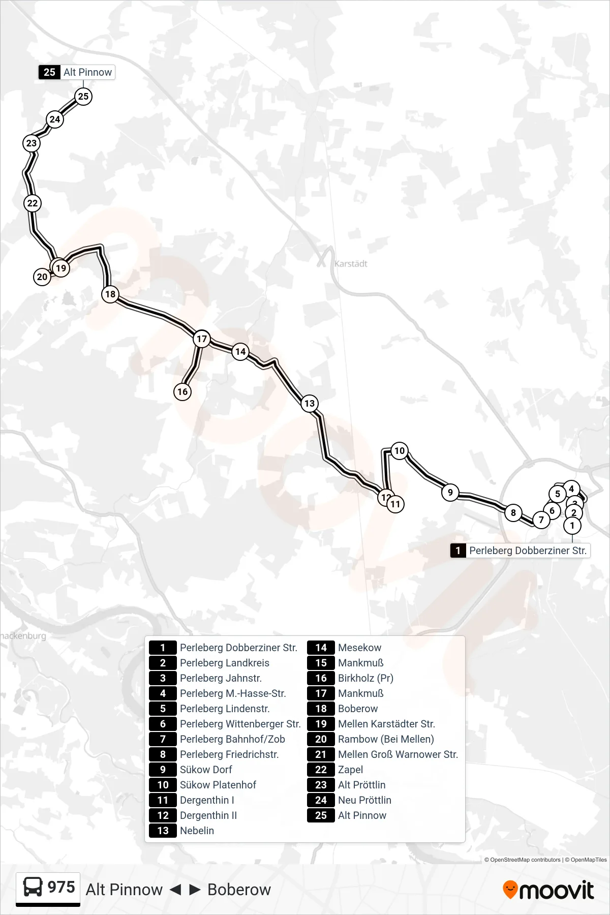 Linie 975 (Bus) Richtung Alt Pinnow: Route und Haltestellen auf der Karte