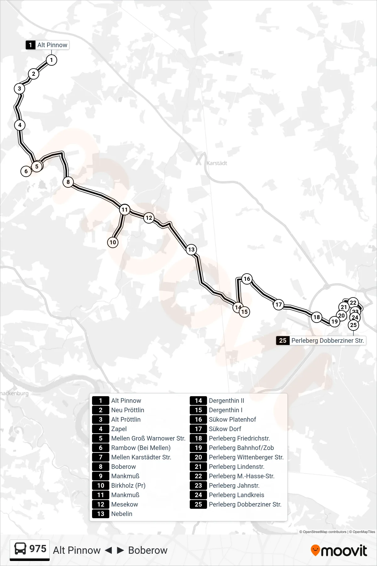 Linie 975 (Bus) Richtung Perleberg Dobberziner Str.: Route und Haltestellen auf der Karte