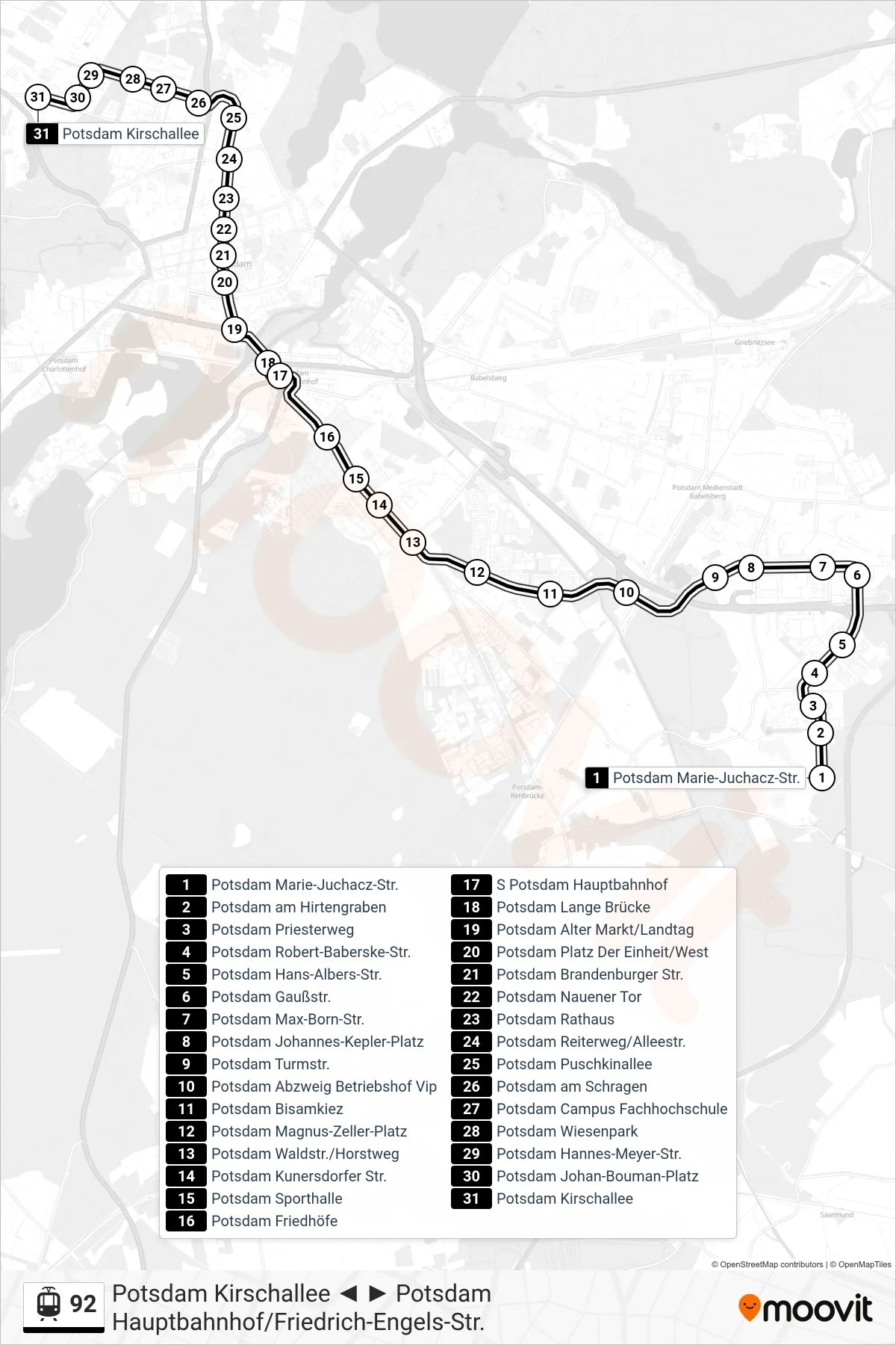 Linie 92 (Straßenbahn) Richtung Potsdam Kirschallee: Route und Haltestellen auf der Karte