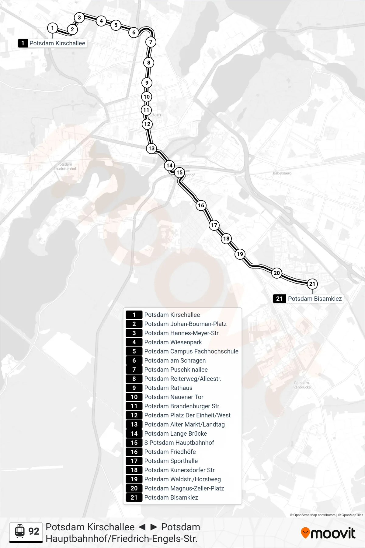 Linie 92 (Straßenbahn) Richtung Potsdam Bisamkiez: Route und Haltestellen auf der Karte