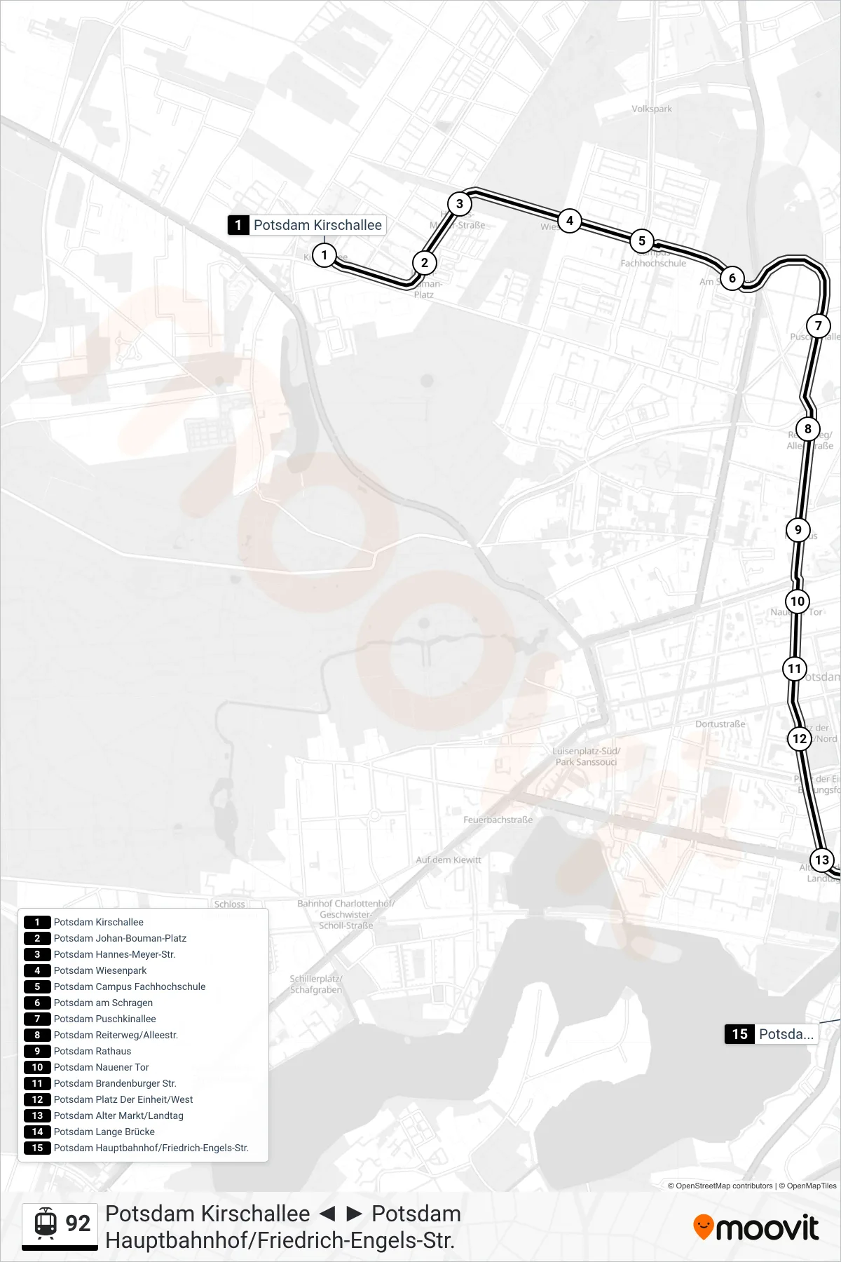 Linie 92 (Straßenbahn) Richtung Potsdam Hauptbahnhof/Friedrich-Engels-Str.: Route und Haltestellen auf der Karte