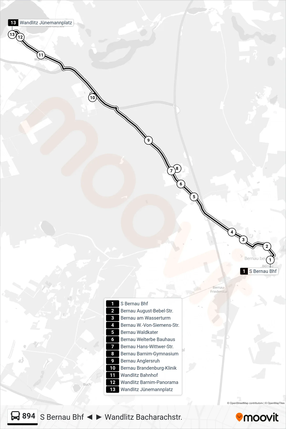 894 bus Line (Wandlitz Jünemannplatz) route and stops on a map