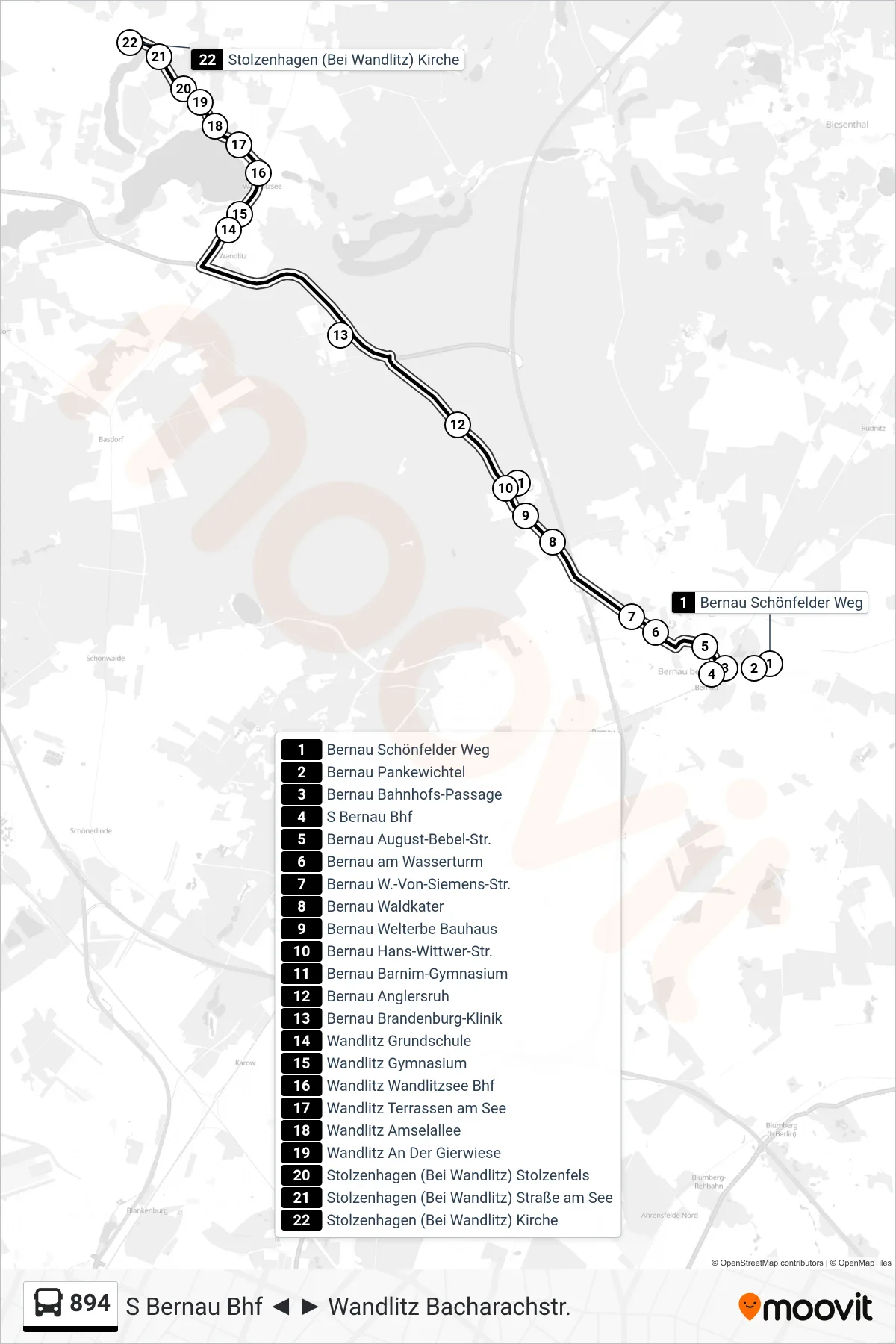 Linie 894 (Bus) Richtung Stolzenhagen (Bei Wandlitz) Kirche: Route und Haltestellen auf der Karte