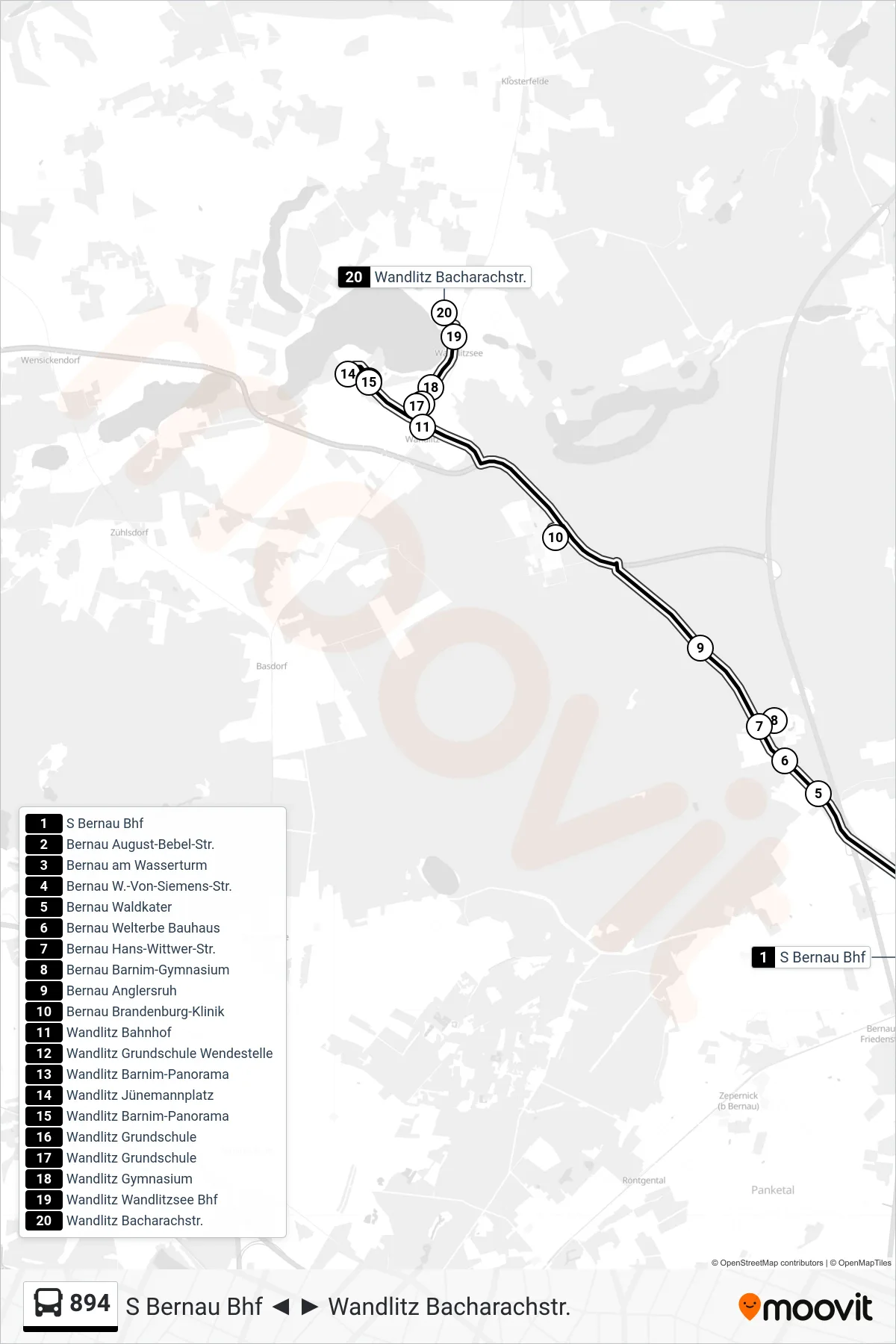 Linie 894 (Bus) Richtung Wandlitz Bacharachstr.: Route und Haltestellen auf der Karte
