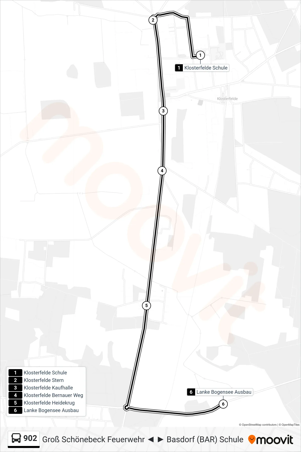 902 bus Line (Lanke Bogensee Ausbau) route and stops on a map