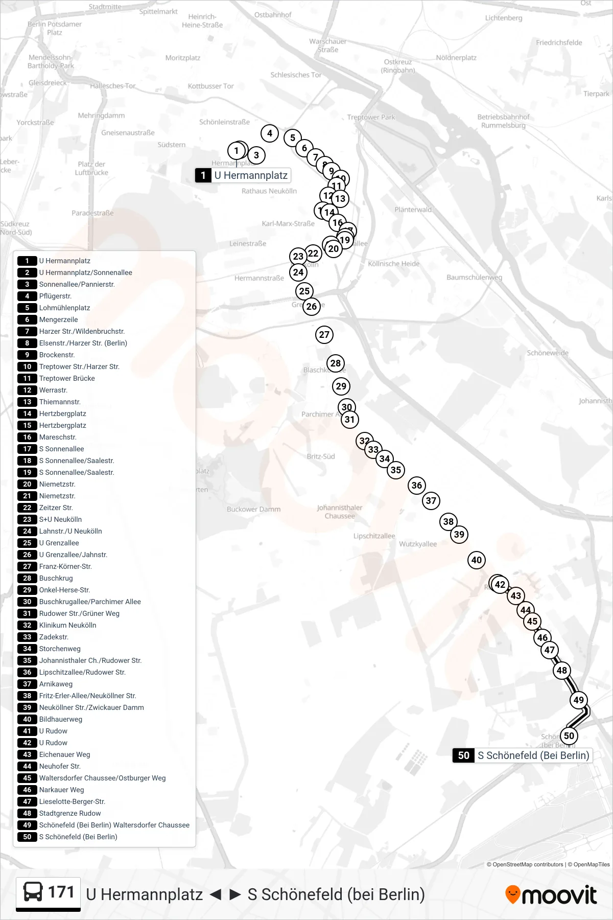 Linie 171 (Bus) Richtung S Schönefeld (Bei Berlin): Route und Haltestellen auf der Karte