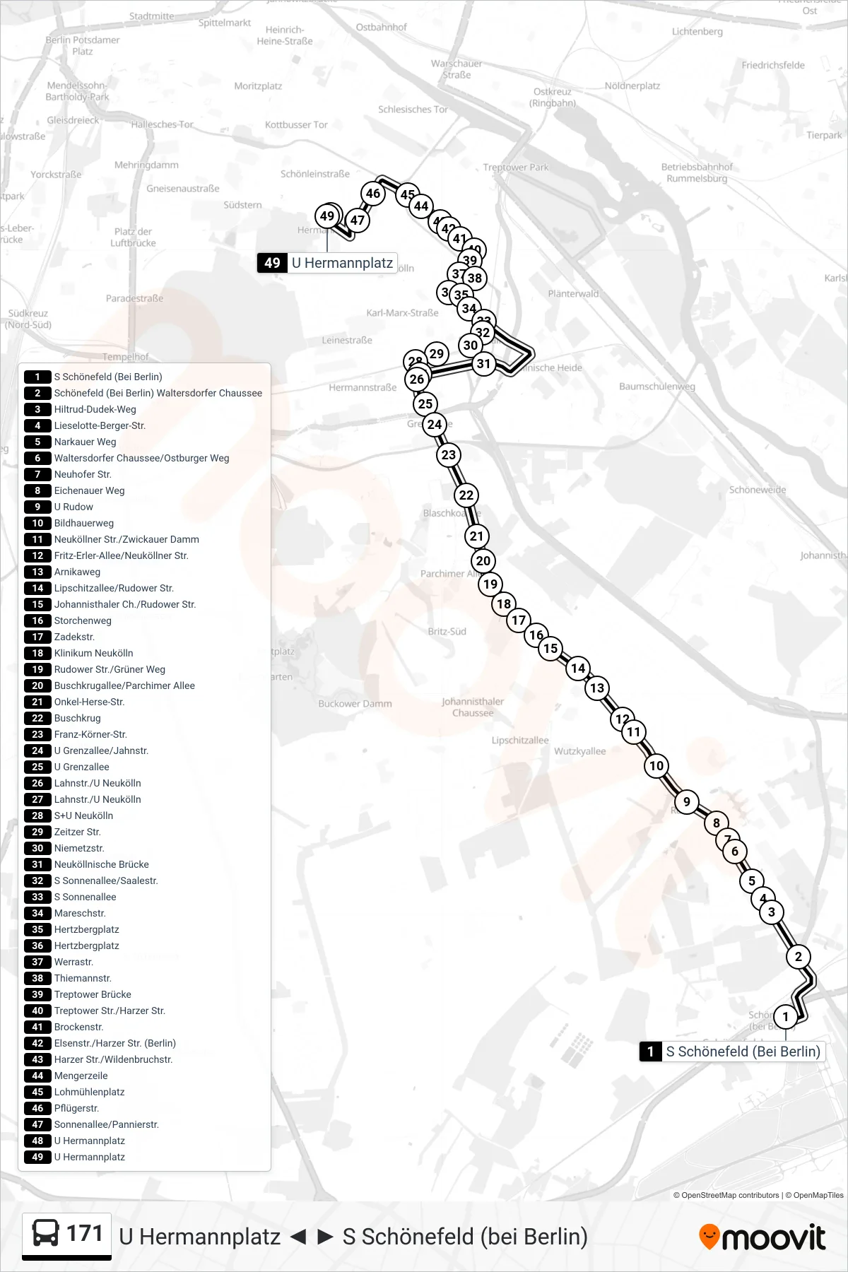 171 bus Line (U Hermannplatz) route and stops on a map