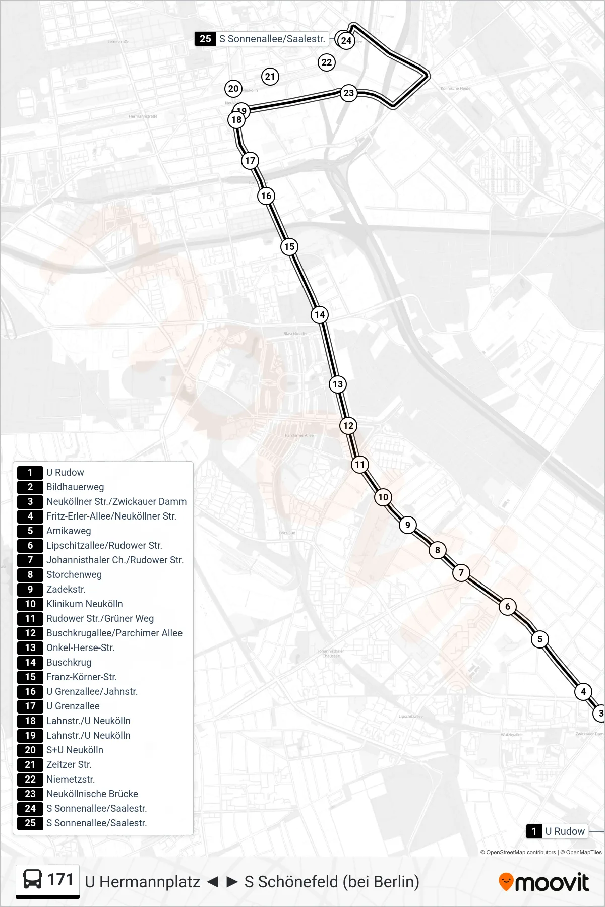 Linie 171 (Bus) Richtung S Sonnenallee/Saalestr.: Route und Haltestellen auf der Karte