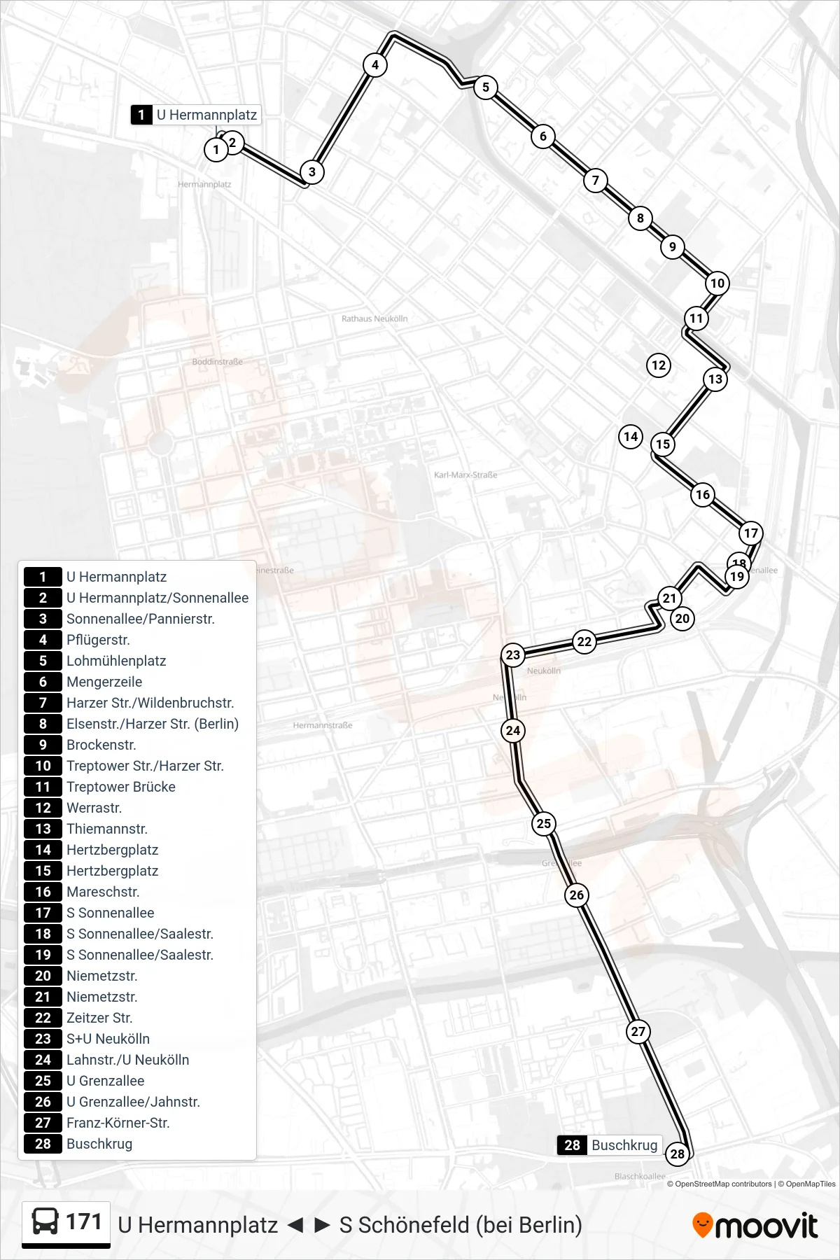 Linie 171 (Bus) Richtung Buschkrug: Route und Haltestellen auf der Karte