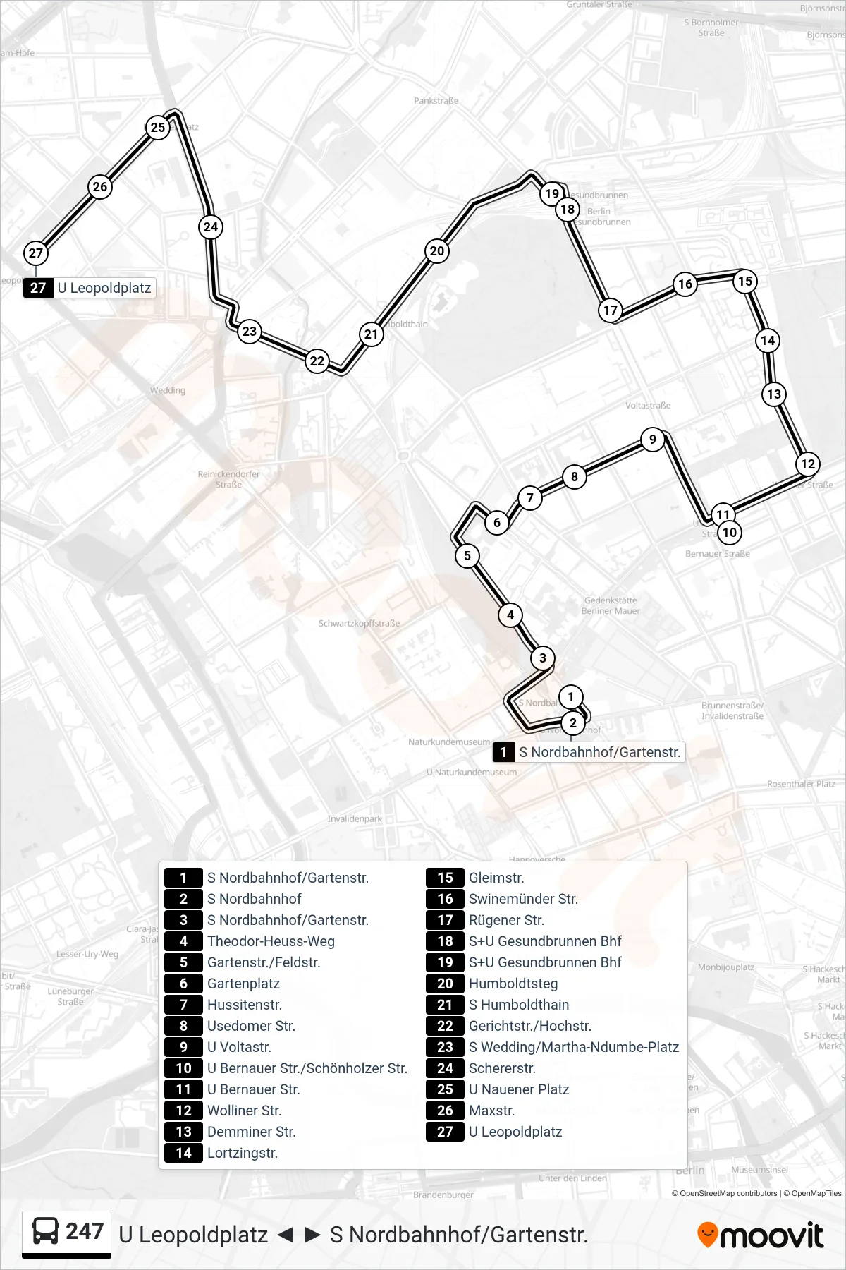 Linie 247 (Bus) Richtung U Leopoldplatz: Route und Haltestellen auf der Karte
