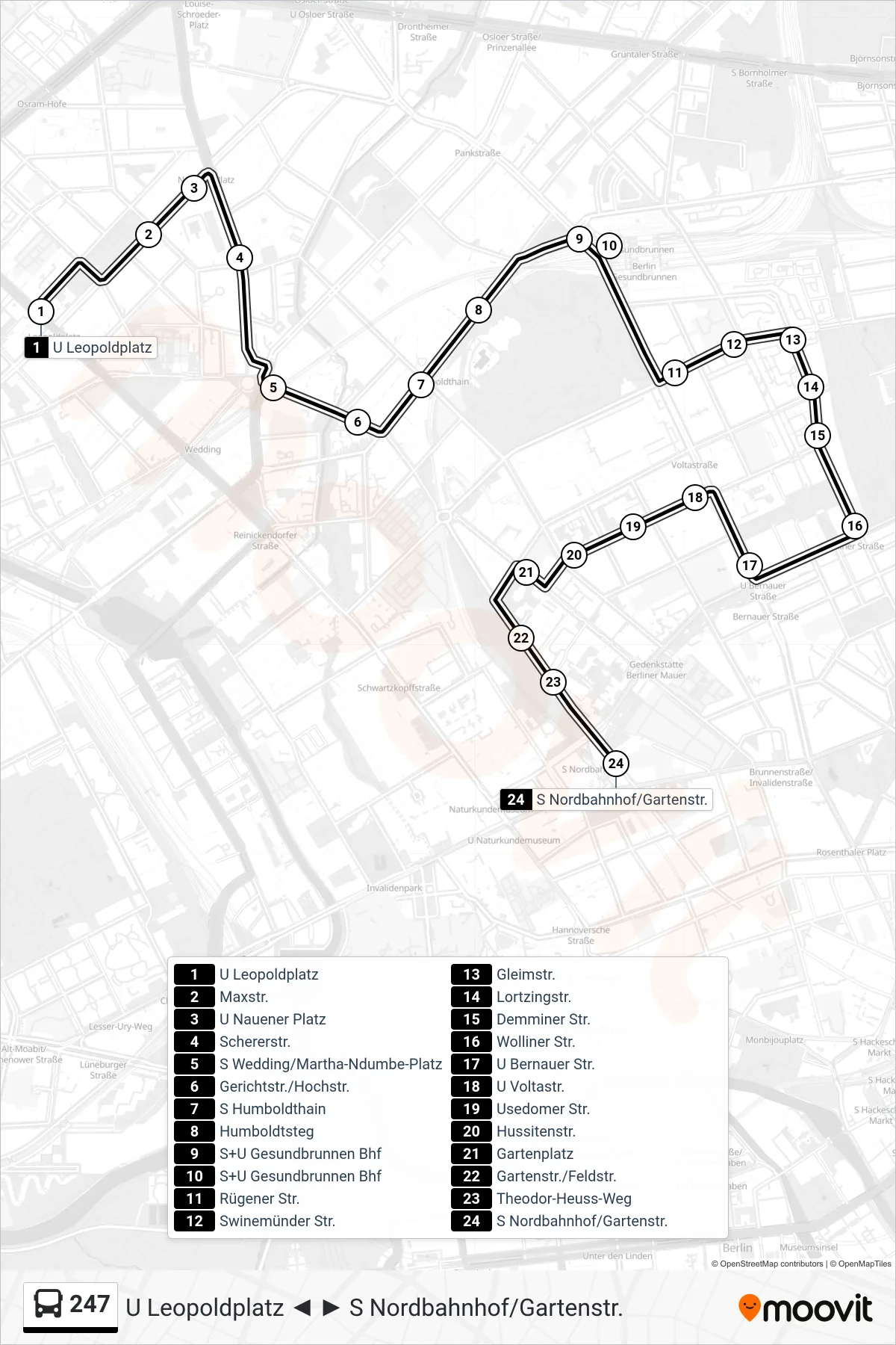 Linie 247 (Bus) Richtung S Nordbahnhof/Gartenstr.: Route und Haltestellen auf der Karte