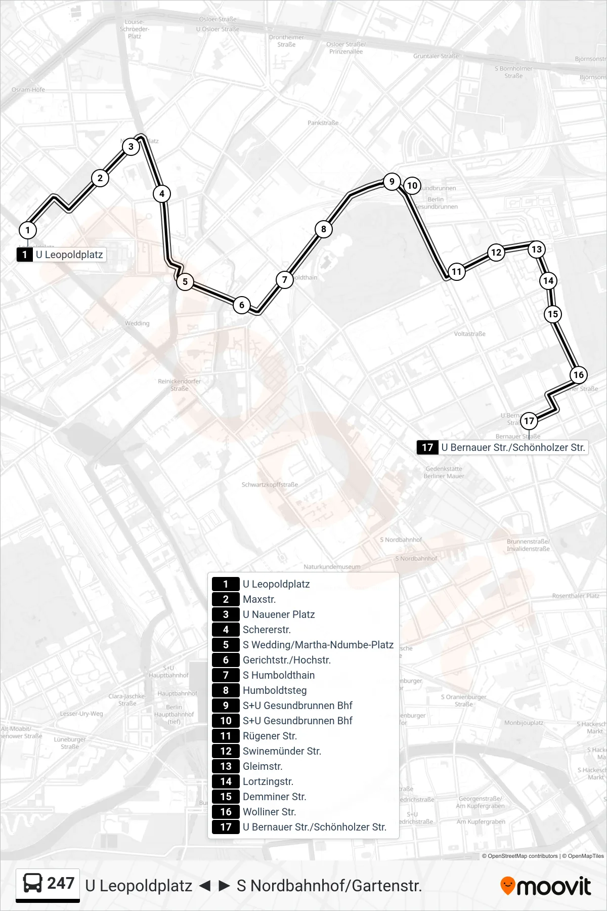 Linie 247 (Bus) Richtung U Bernauer Str./Schönholzer Str.: Route und Haltestellen auf der Karte