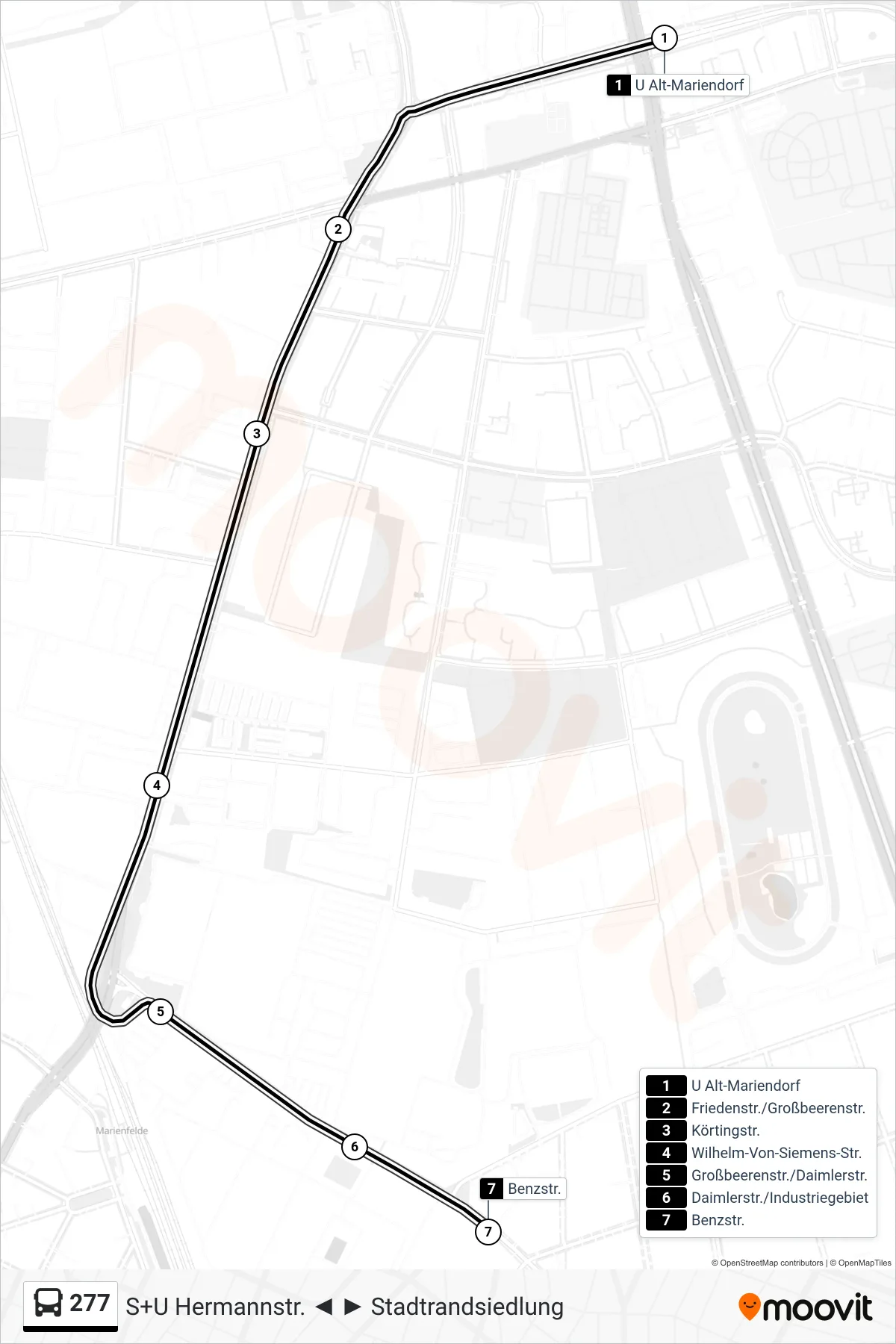 Linie 277 (Bus) Richtung Benzstr.: Route und Haltestellen auf der Karte