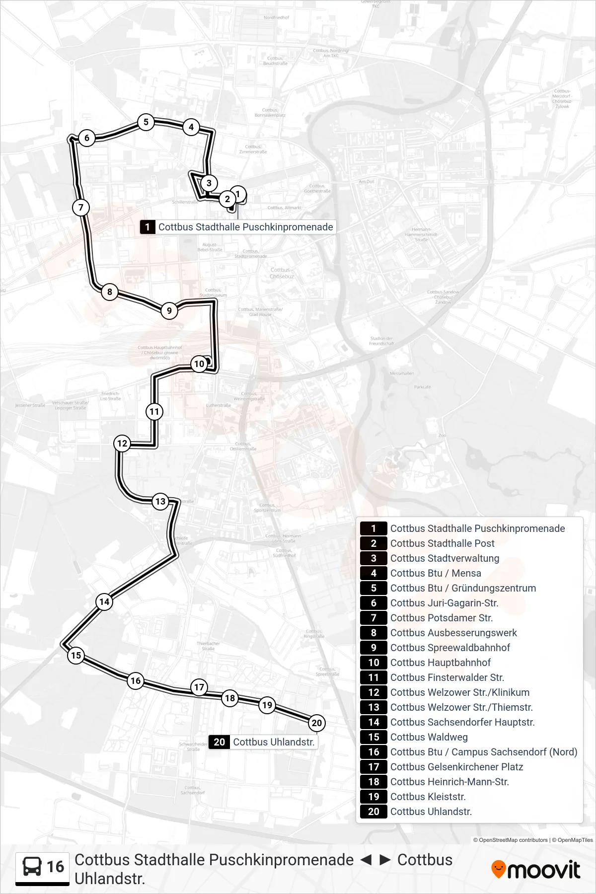 Linie 16 (Bus) Richtung Cottbus Uhlandstr.: Route und Haltestellen auf der Karte