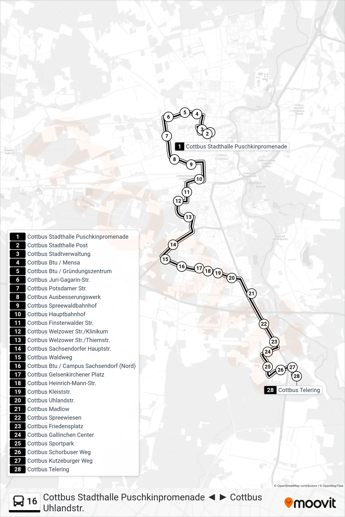 Linie 16 (Bus) Richtung Cottbus Telering: Route und Haltestellen auf der Karte