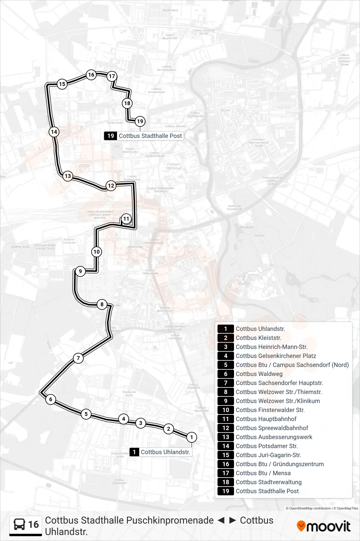 16 bus Line (Cottbus Stadthalle Post) route and stops on a map