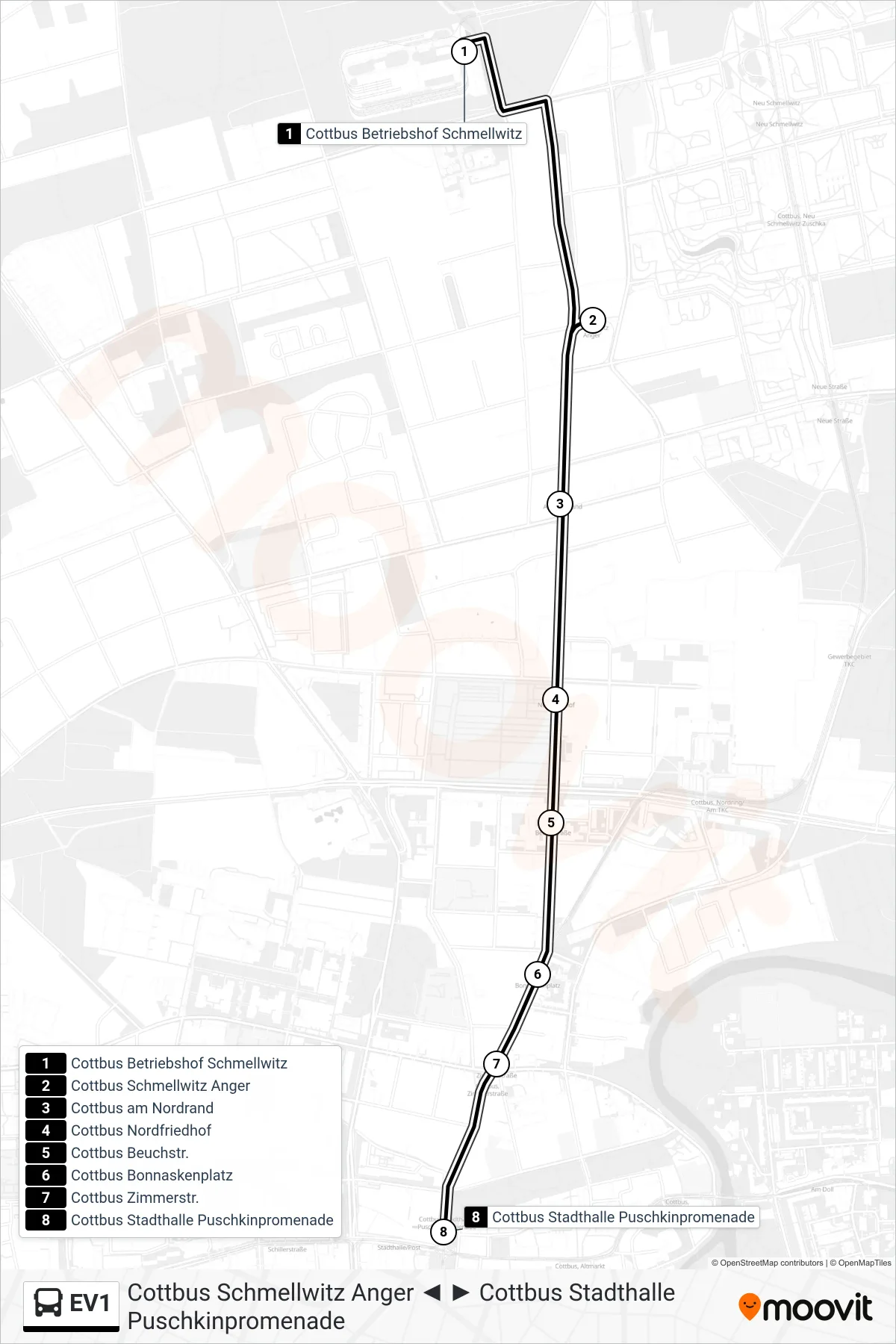 EV1 bus Line (Cottbus Stadthalle Puschkinpromenade) route and stops on a map