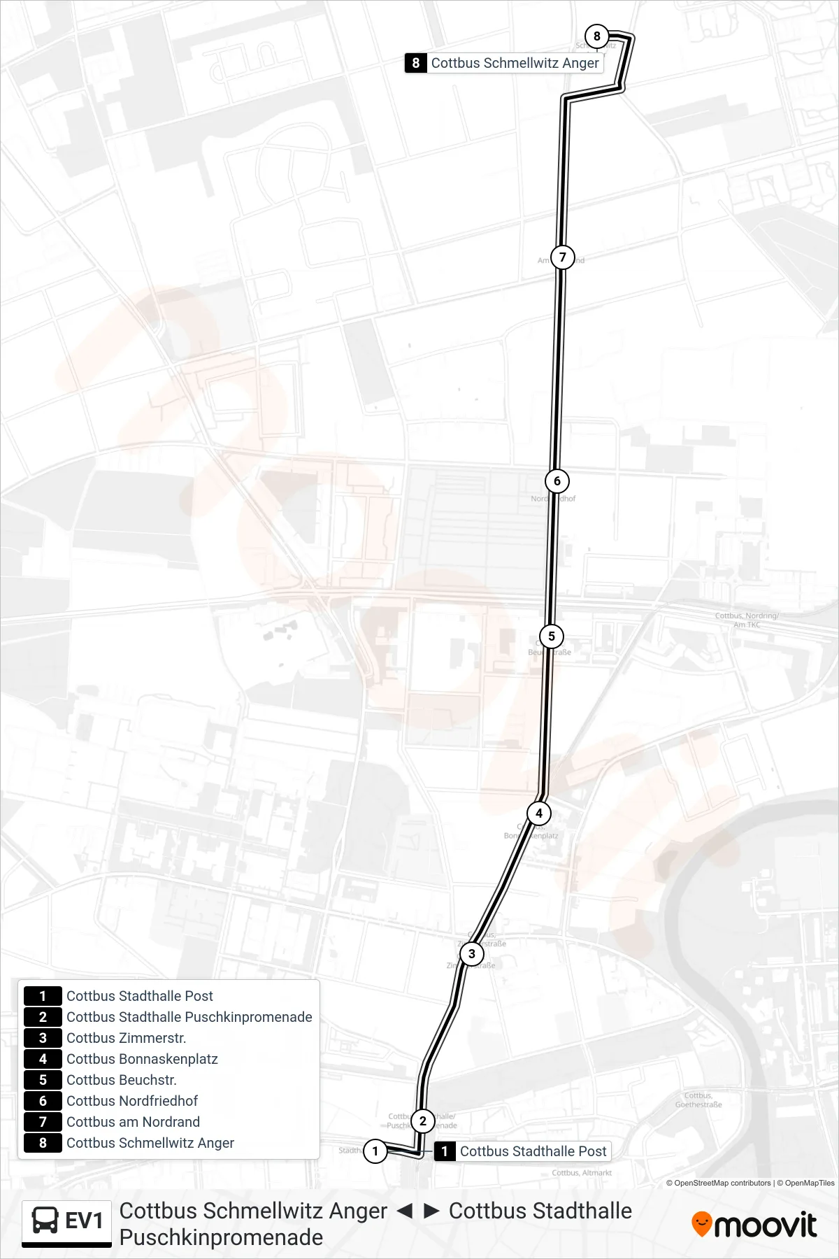 EV1 bus Line (Cottbus Schmellwitz Anger) route and stops on a map