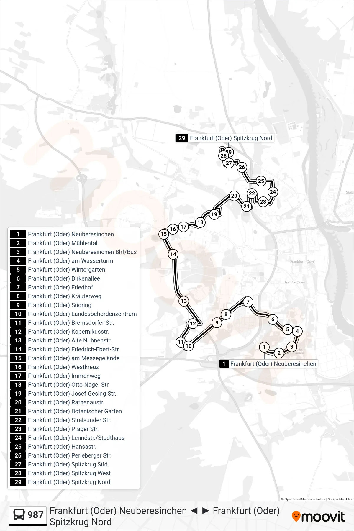 Linie 987 (Bus) Richtung Frankfurt (Oder) Spitzkrug Nord: Route und Haltestellen auf der Karte