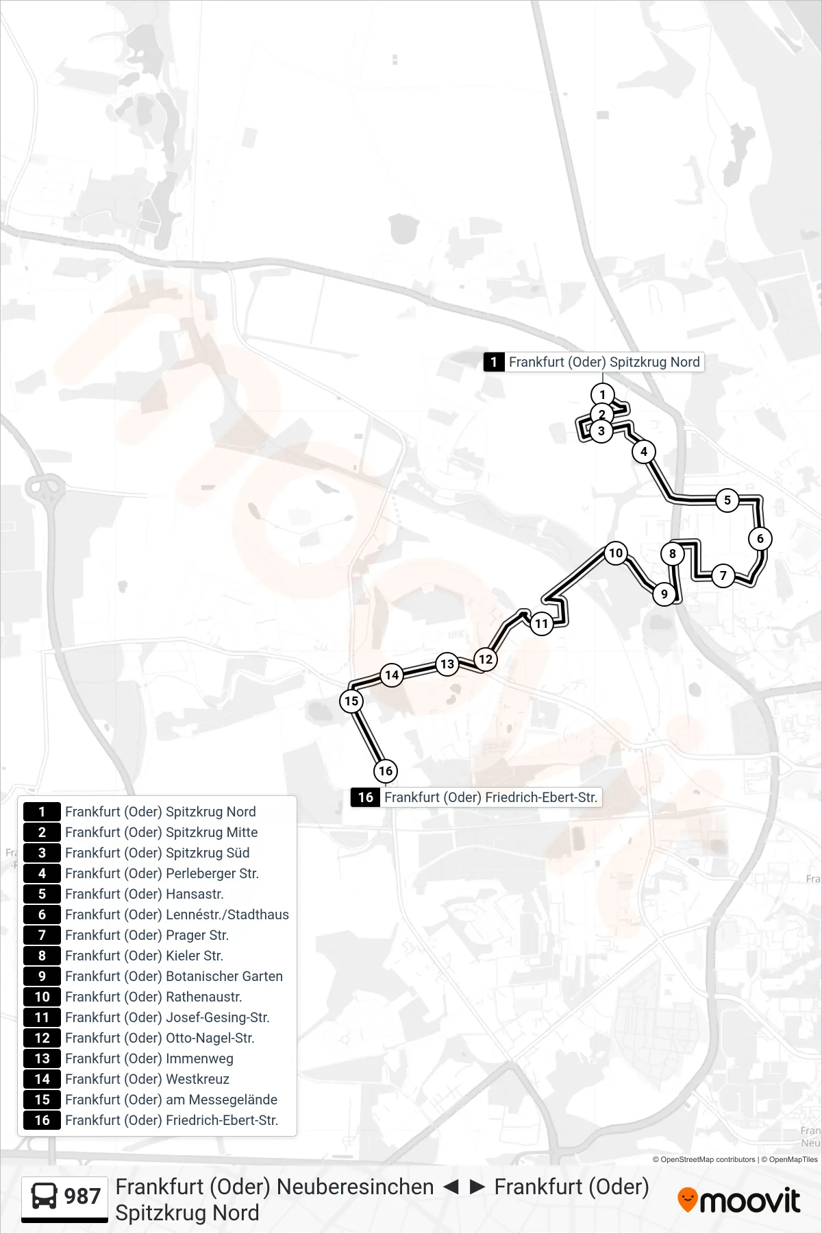 Linie 987 (Bus) Richtung Frankfurt (Oder) Friedrich-Ebert-Str.: Route und Haltestellen auf der Karte