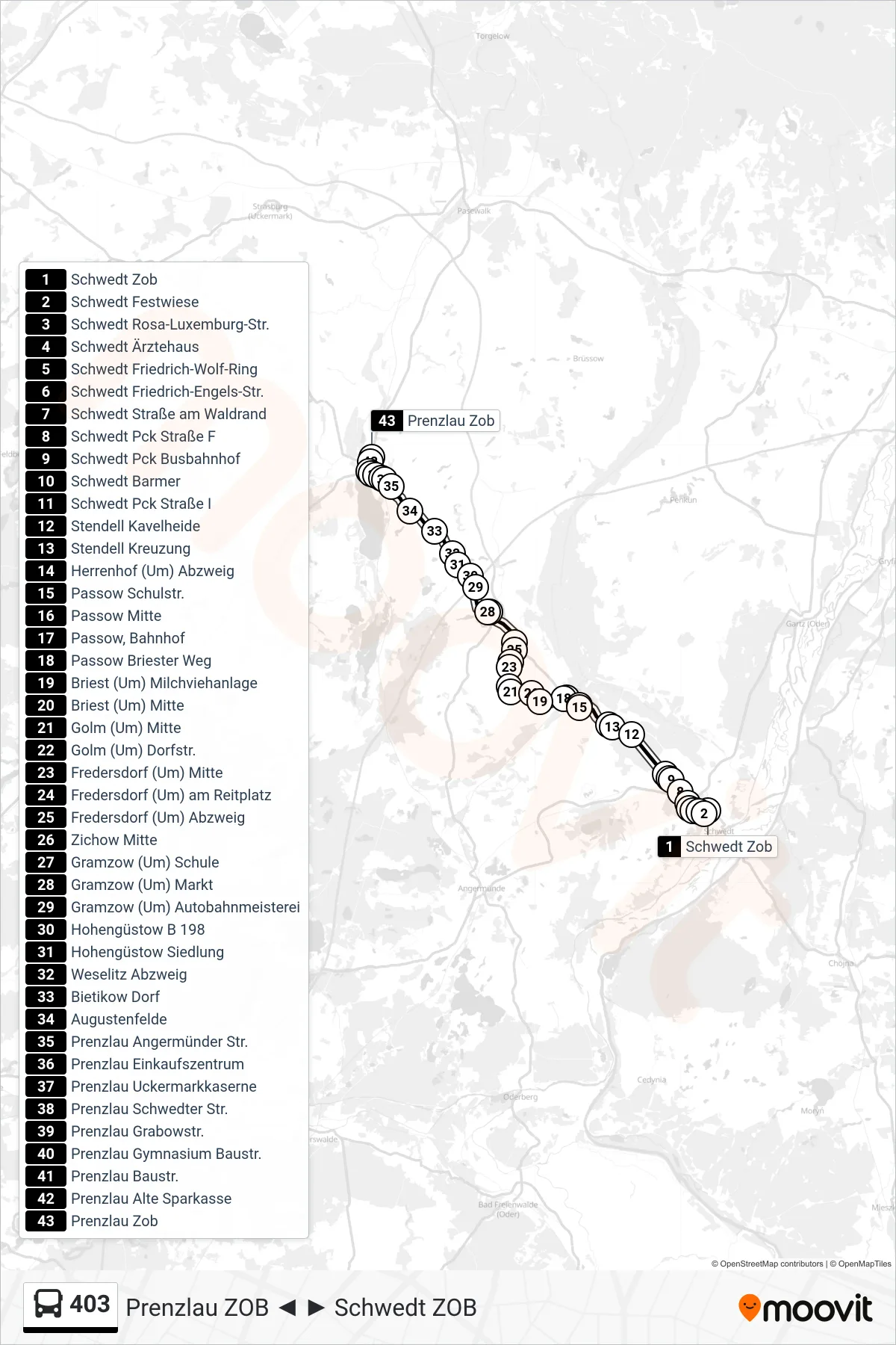 Linie 403 (Bus) Richtung Prenzlau Zob: Route und Haltestellen auf der Karte