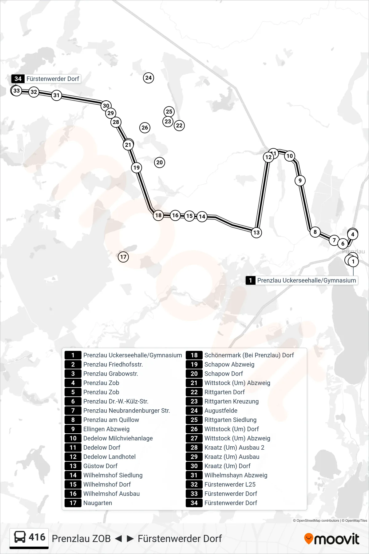 Linie 416 (Bus) Richtung Fürstenwerder Dorf: Route und Haltestellen auf der Karte