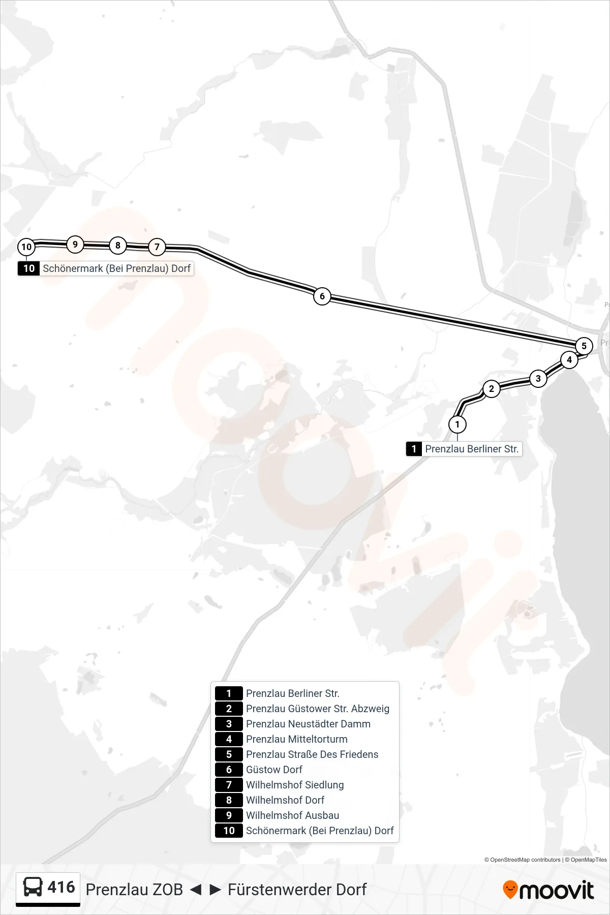 Linie 416 (Bus) Richtung Schönermark (Bei Prenzlau) Dorf: Route und Haltestellen auf der Karte
