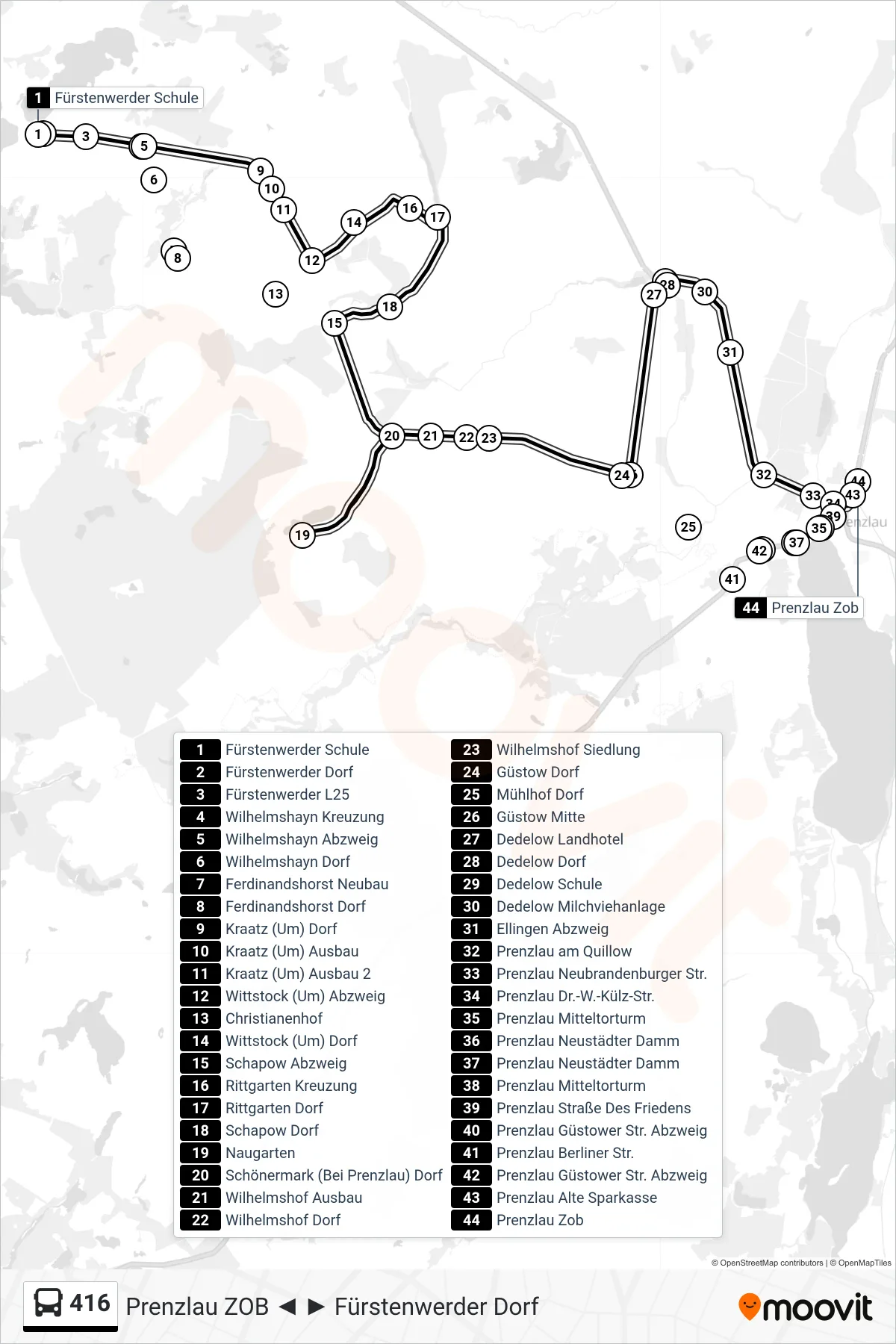 416 bus Line (Prenzlau Zob) route and stops on a map