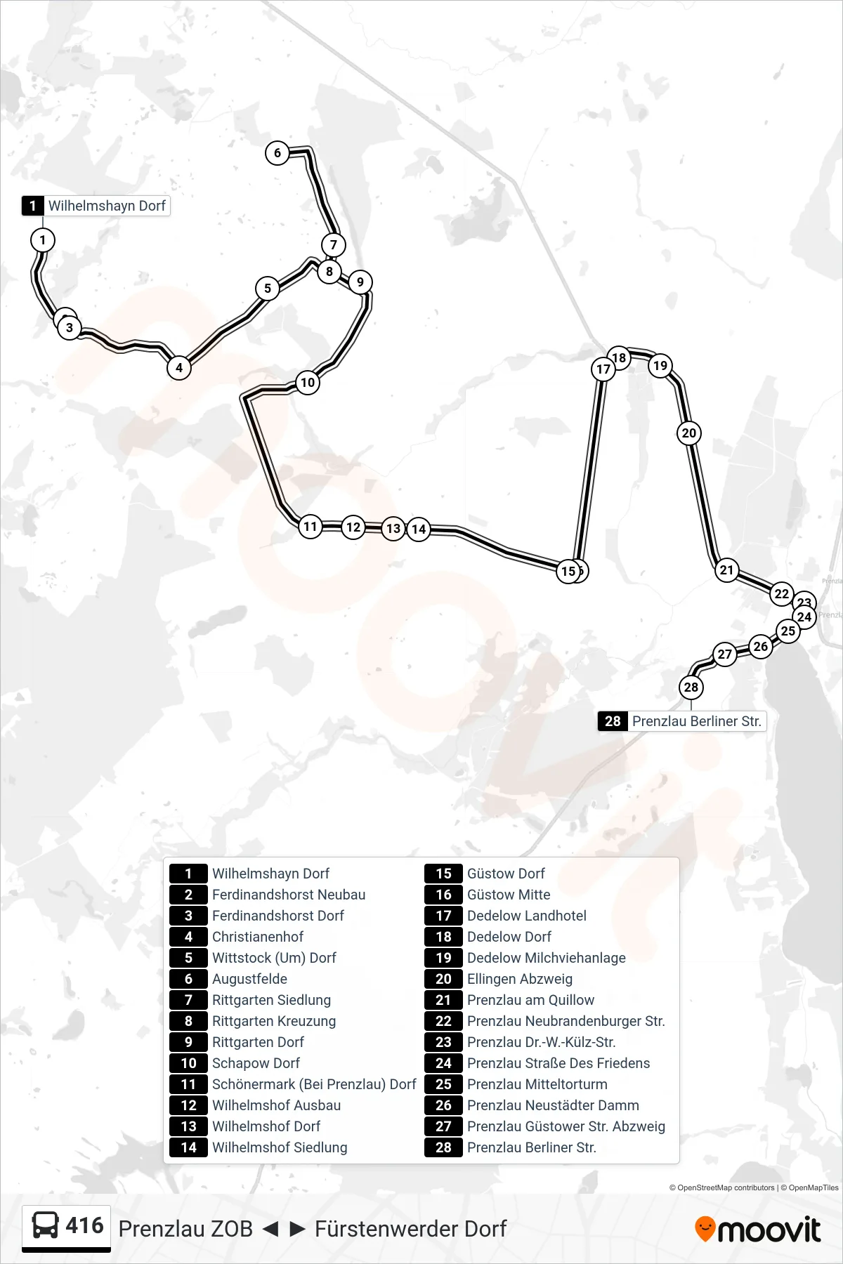 Linie 416 (Bus) Richtung Prenzlau Berliner Str.: Route und Haltestellen auf der Karte