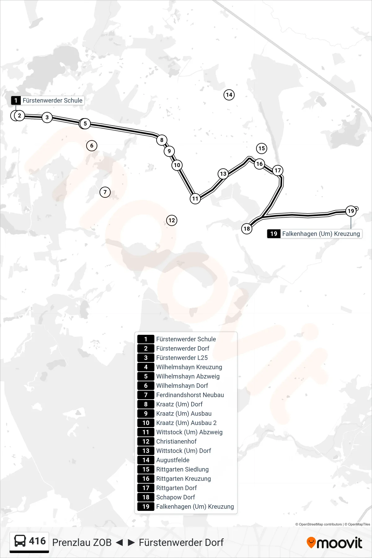 Linie 416 (Bus) Richtung Falkenhagen (Um) Kreuzung: Route und Haltestellen auf der Karte