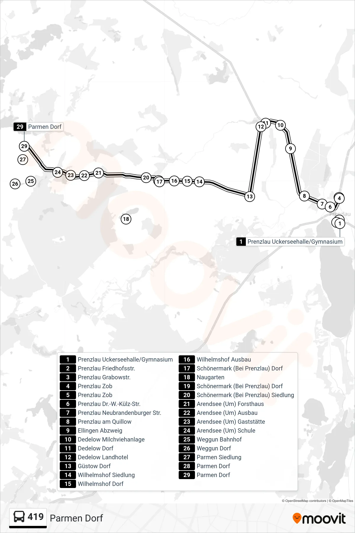 Linie 419 (Bus) Richtung Parmen Dorf: Route und Haltestellen auf der Karte