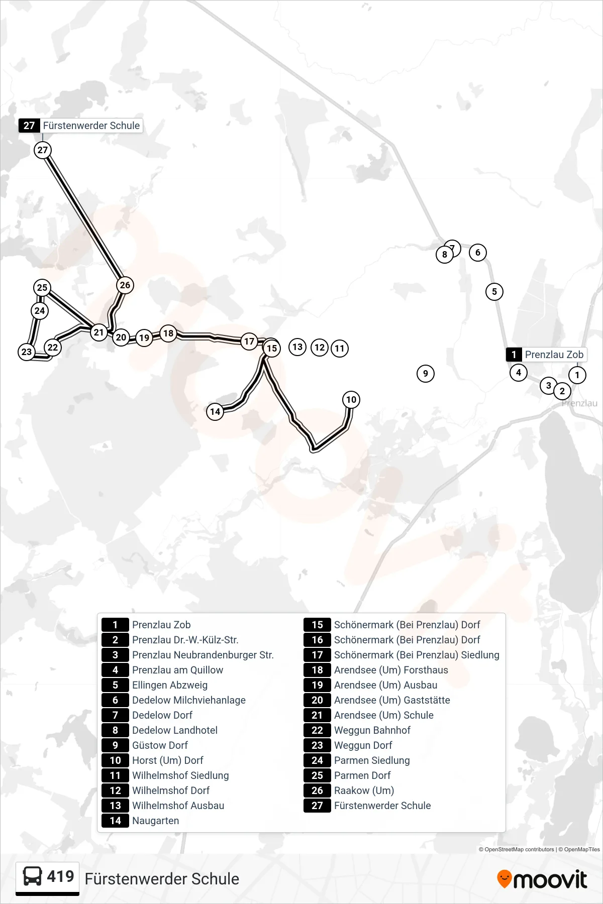 419 bus Line (Fürstenwerder Schule) route and stops on a map