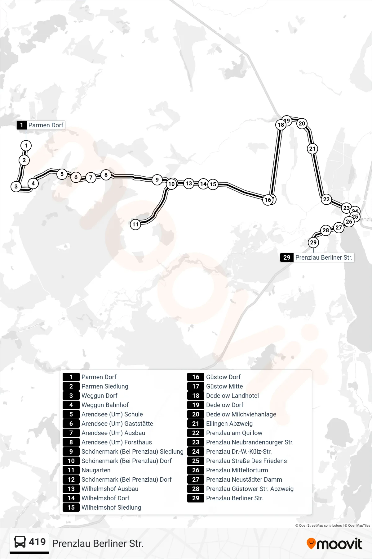 419 bus Line (Prenzlau Berliner Str.) route and stops on a map
