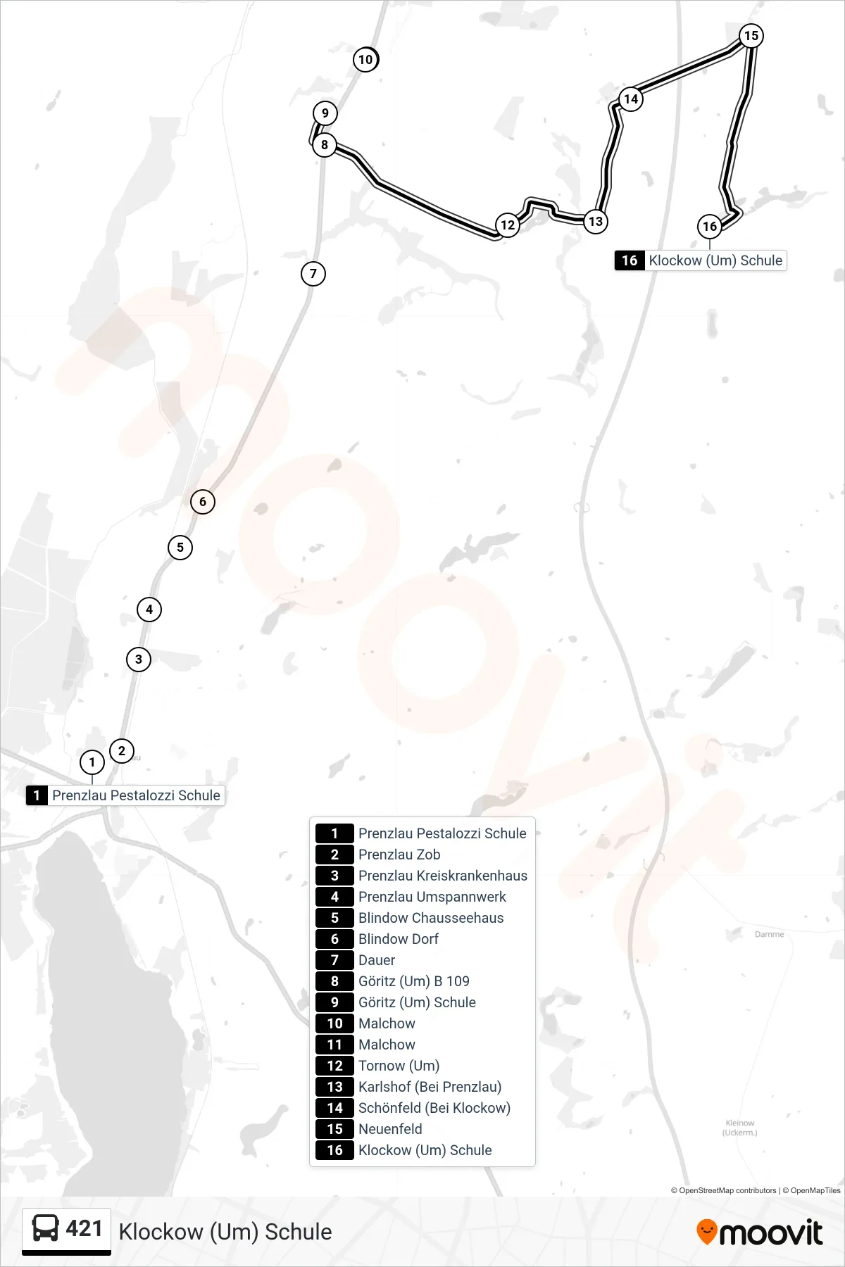 421 bus Line (Klockow (Um) Schule) route and stops on a map