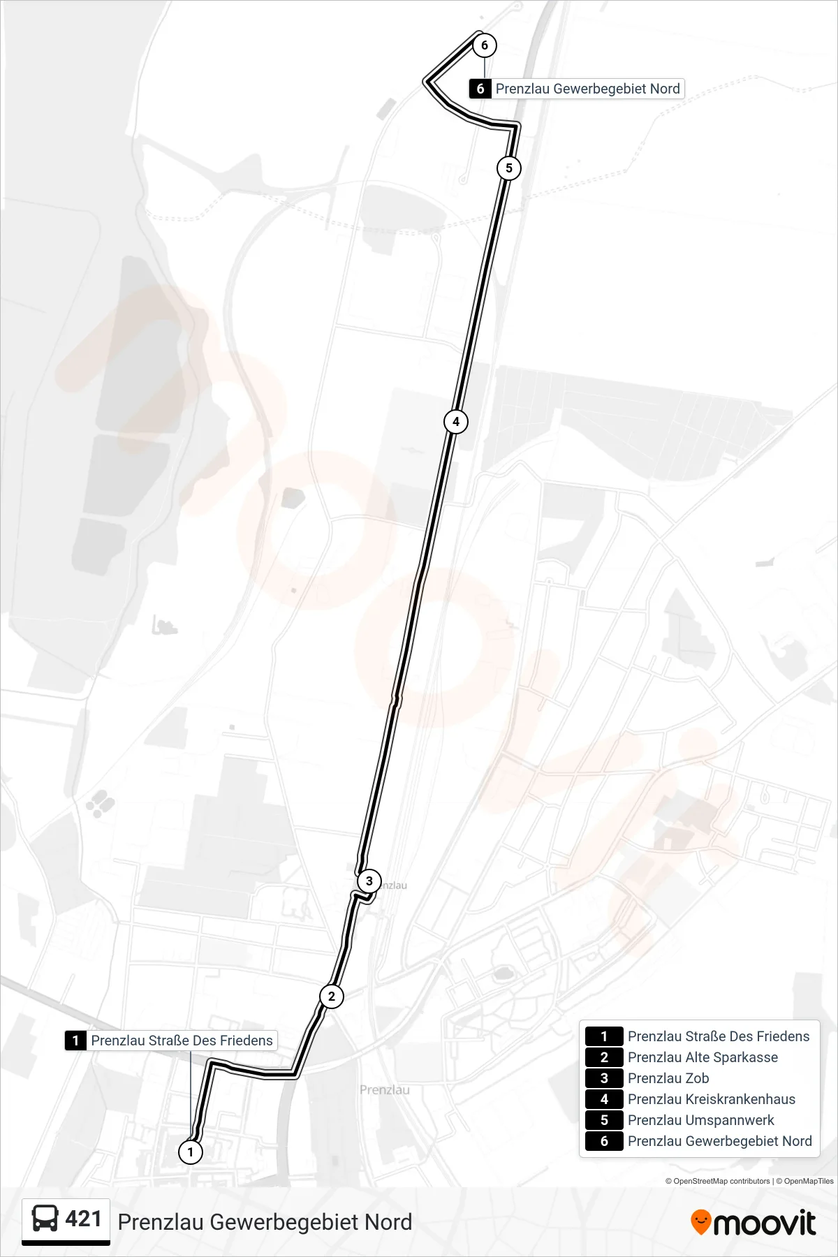 Linie 421 (Bus) Richtung Prenzlau Gewerbegebiet Nord: Route und Haltestellen auf der Karte
