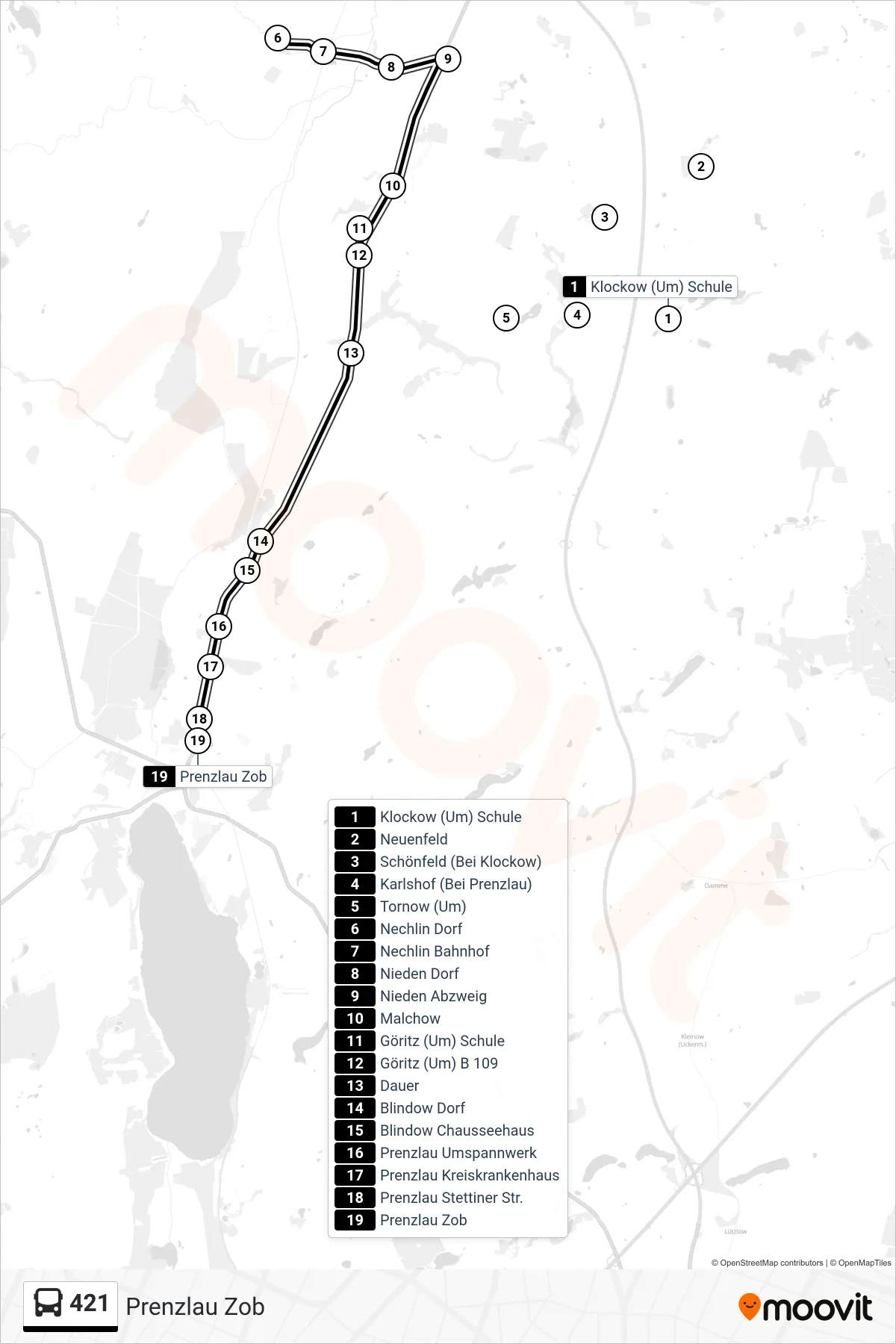 Linie 421 (Bus) Richtung Prenzlau Zob: Route und Haltestellen auf der Karte