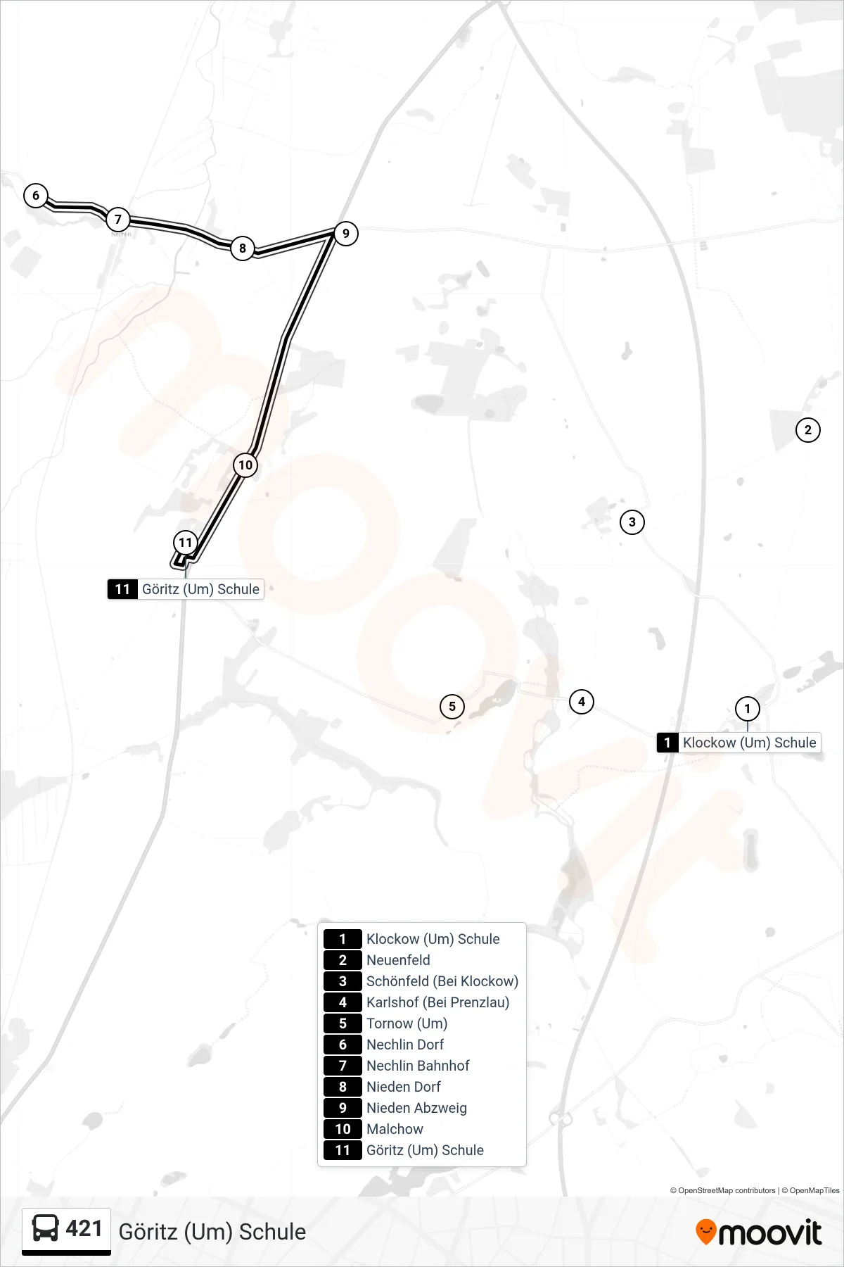 Linie 421 (Bus) Richtung Göritz (Um) Schule: Route und Haltestellen auf der Karte