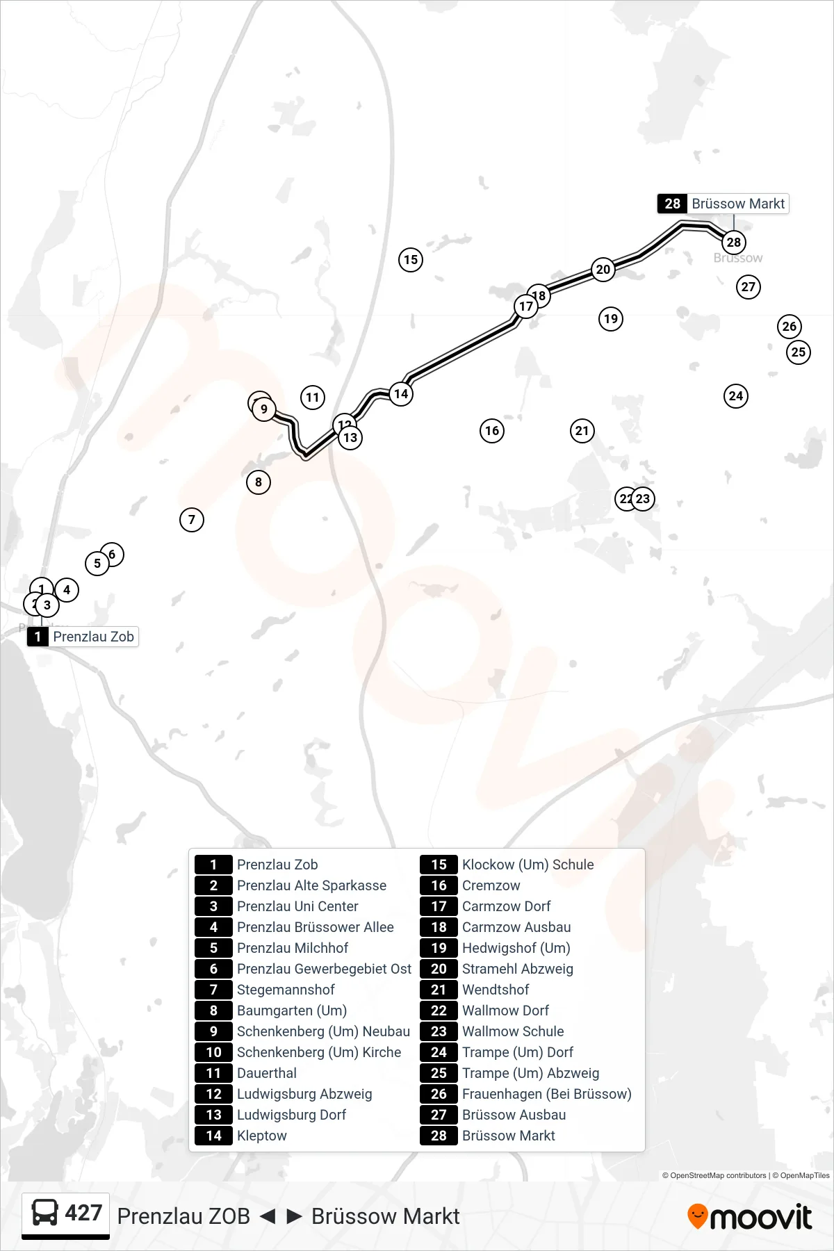 427 bus Line (Brüssow Markt) route and stops on a map