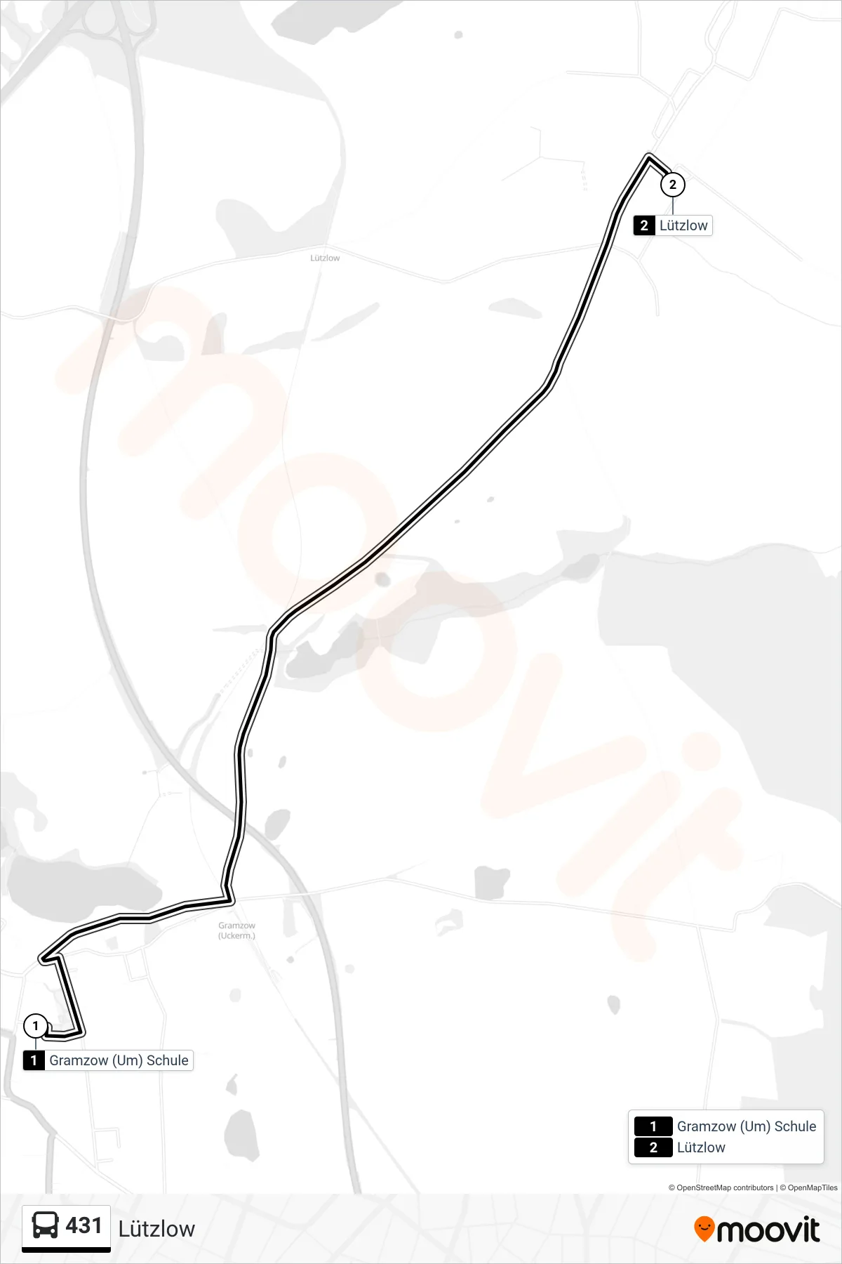 Linie 431 (Bus) Richtung Lützlow: Route und Haltestellen auf der Karte
