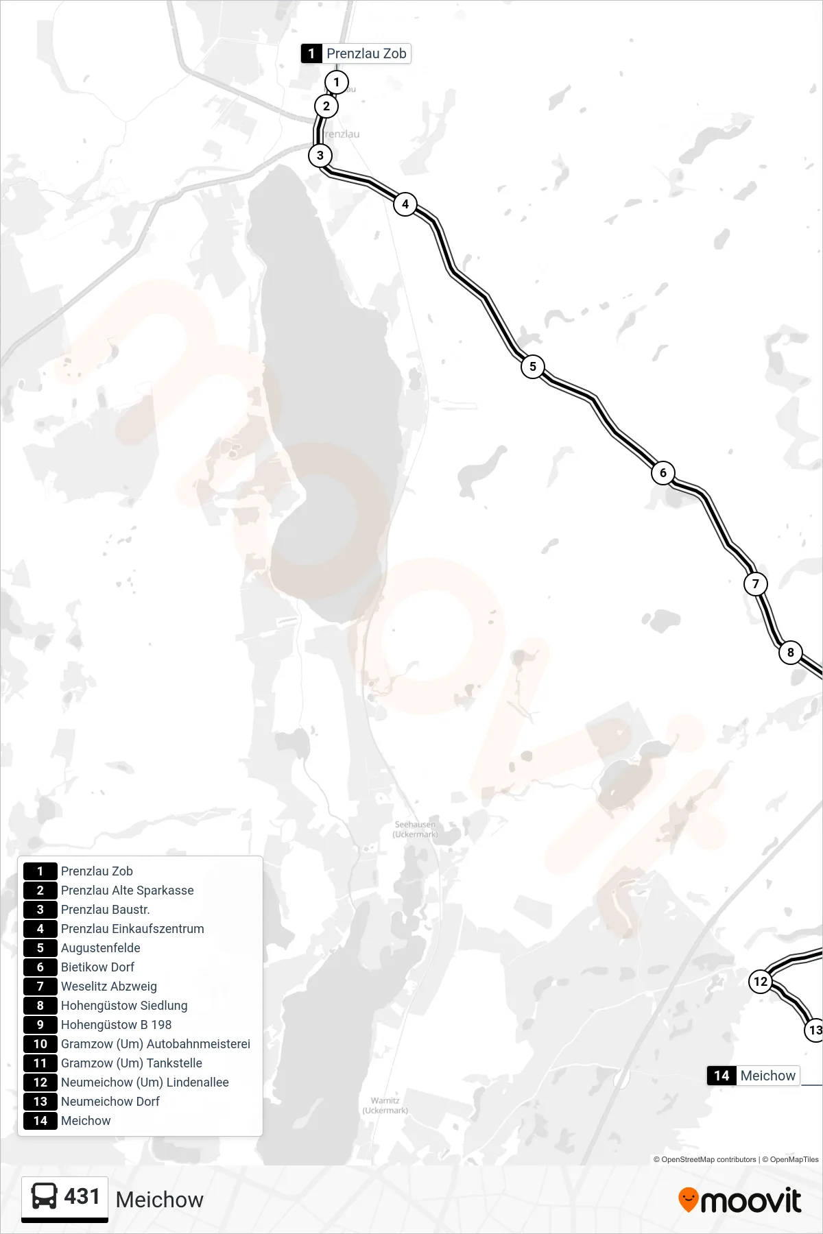 431 bus Line (Meichow) route and stops on a map