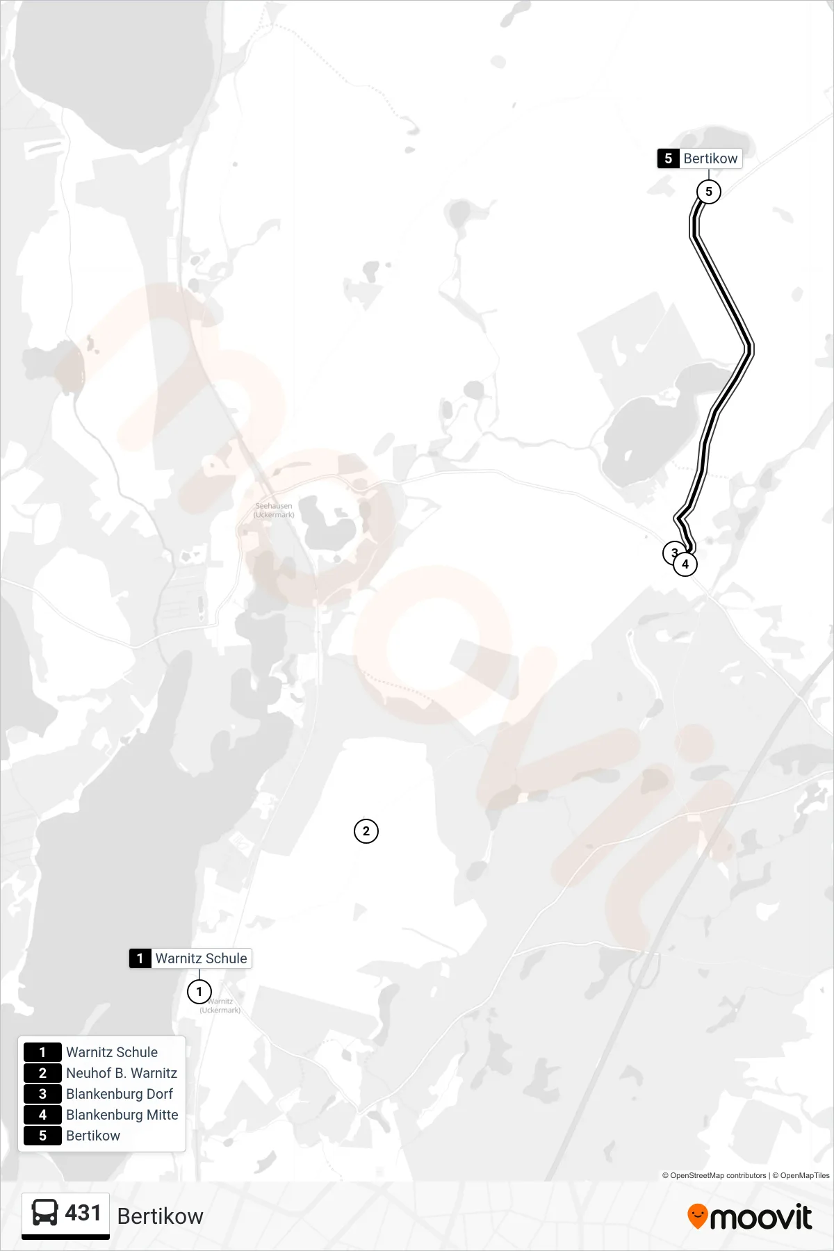 Linie 431 (Bus) Richtung Bertikow: Route und Haltestellen auf der Karte
