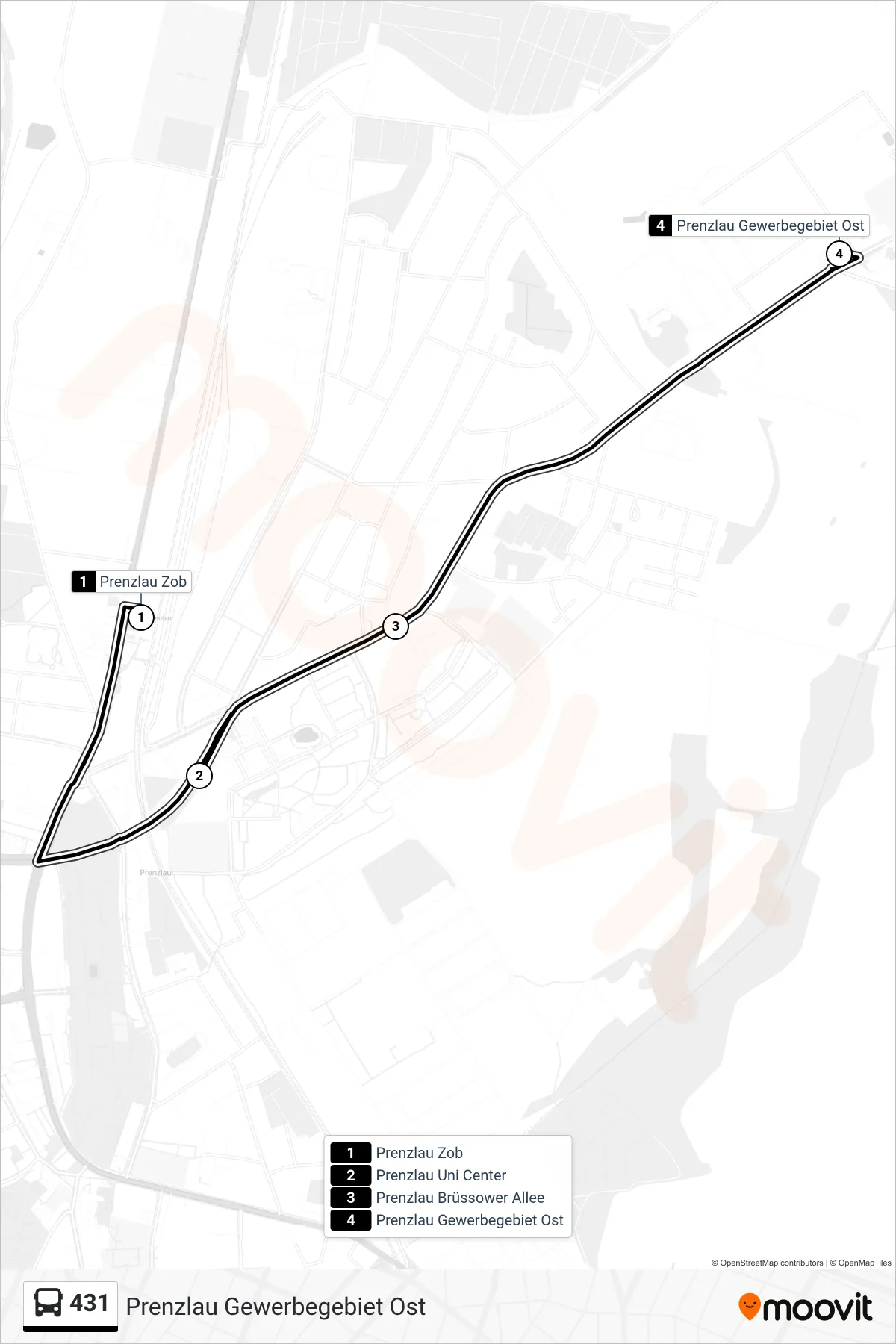 Linie 431 (Bus) Richtung Prenzlau Gewerbegebiet Ost: Route und Haltestellen auf der Karte