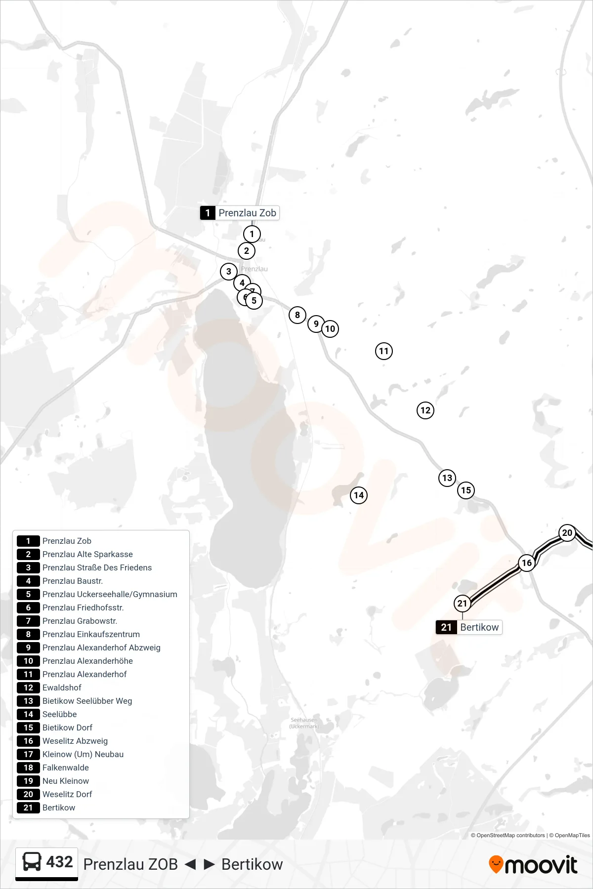 432 bus Line (Bertikow) route and stops on a map