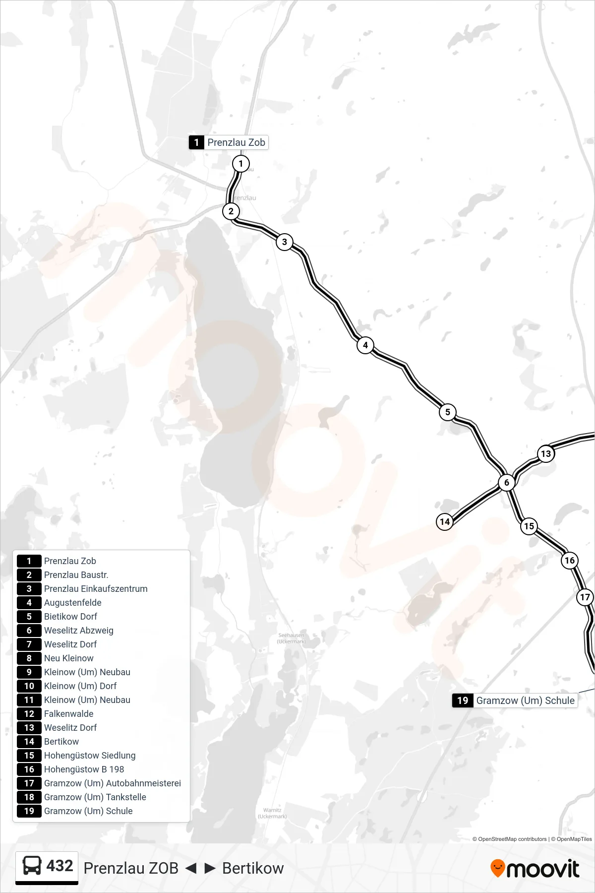 432 bus Line (Gramzow (Um) Schule) route and stops on a map