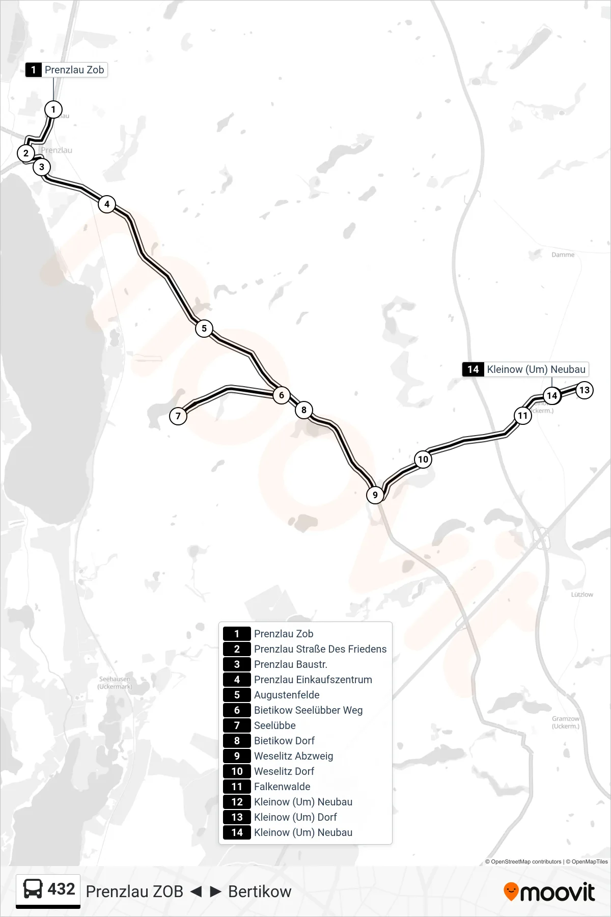 432 bus Line (Kleinow (Um) Neubau) route and stops on a map