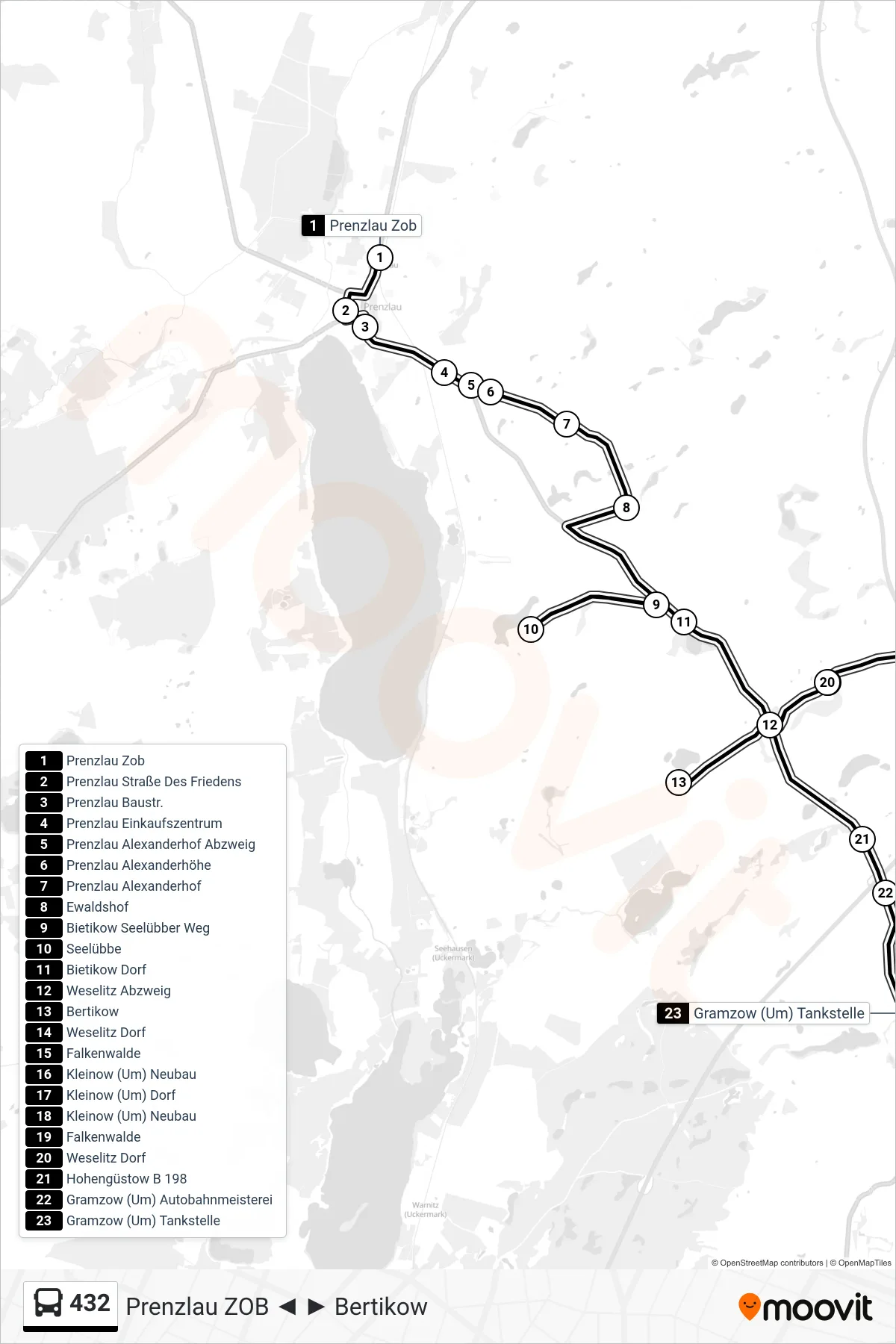 Linie 432 (Bus) Richtung Gramzow (Um) Tankstelle: Route und Haltestellen auf der Karte