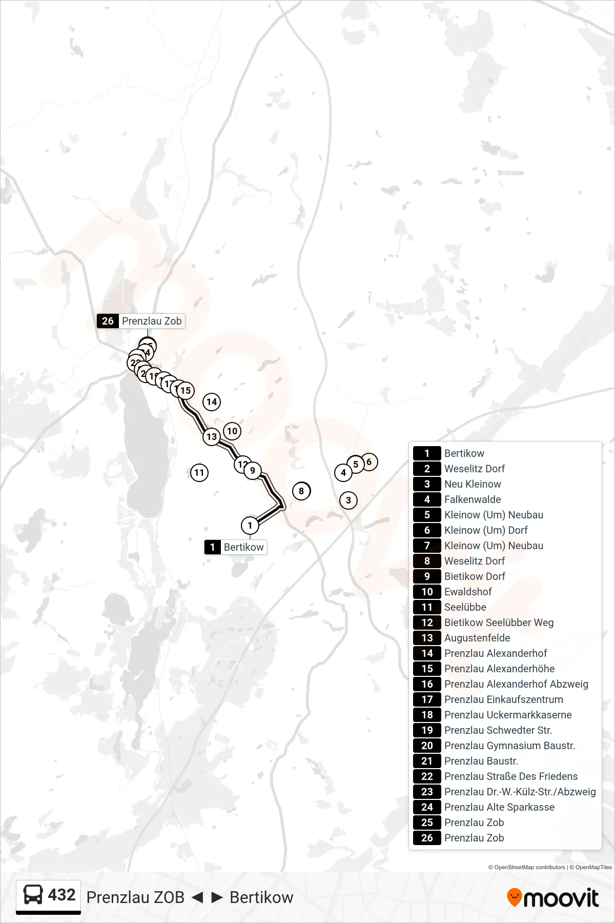 432 bus Line (Prenzlau Zob) route and stops on a map