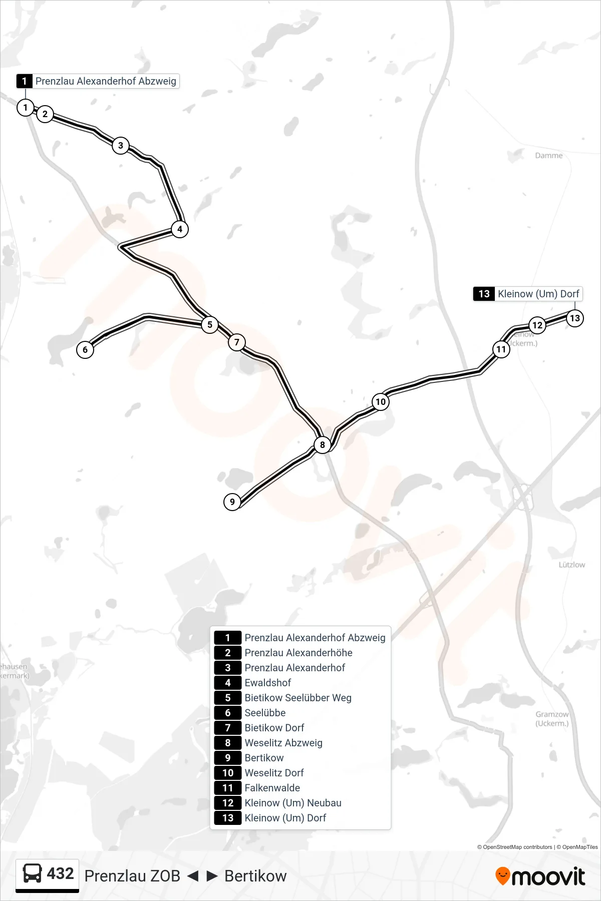 Linie 432 (Bus) Richtung Kleinow (Um) Dorf: Route und Haltestellen auf der Karte